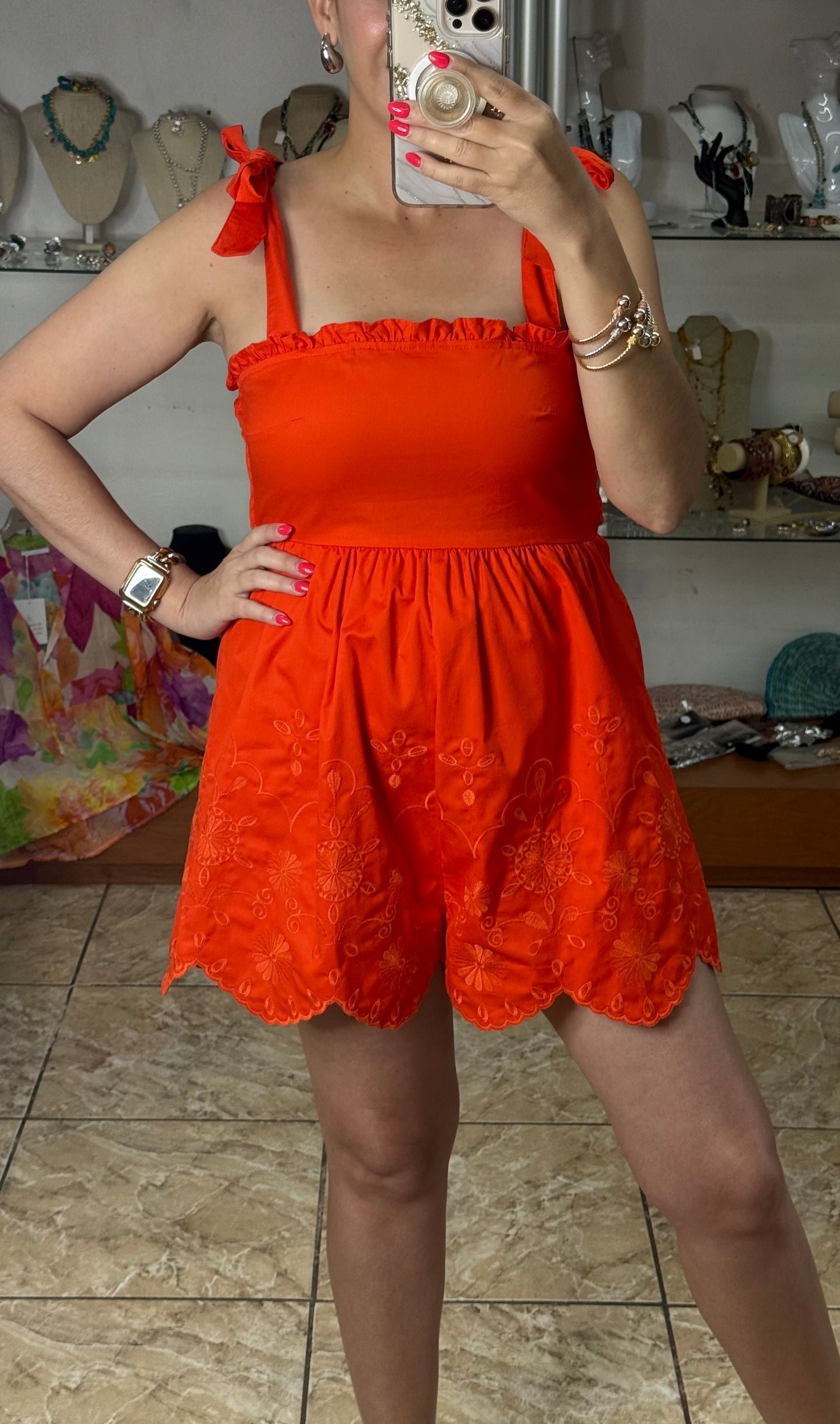 Tomato Red Embroidered Romper
