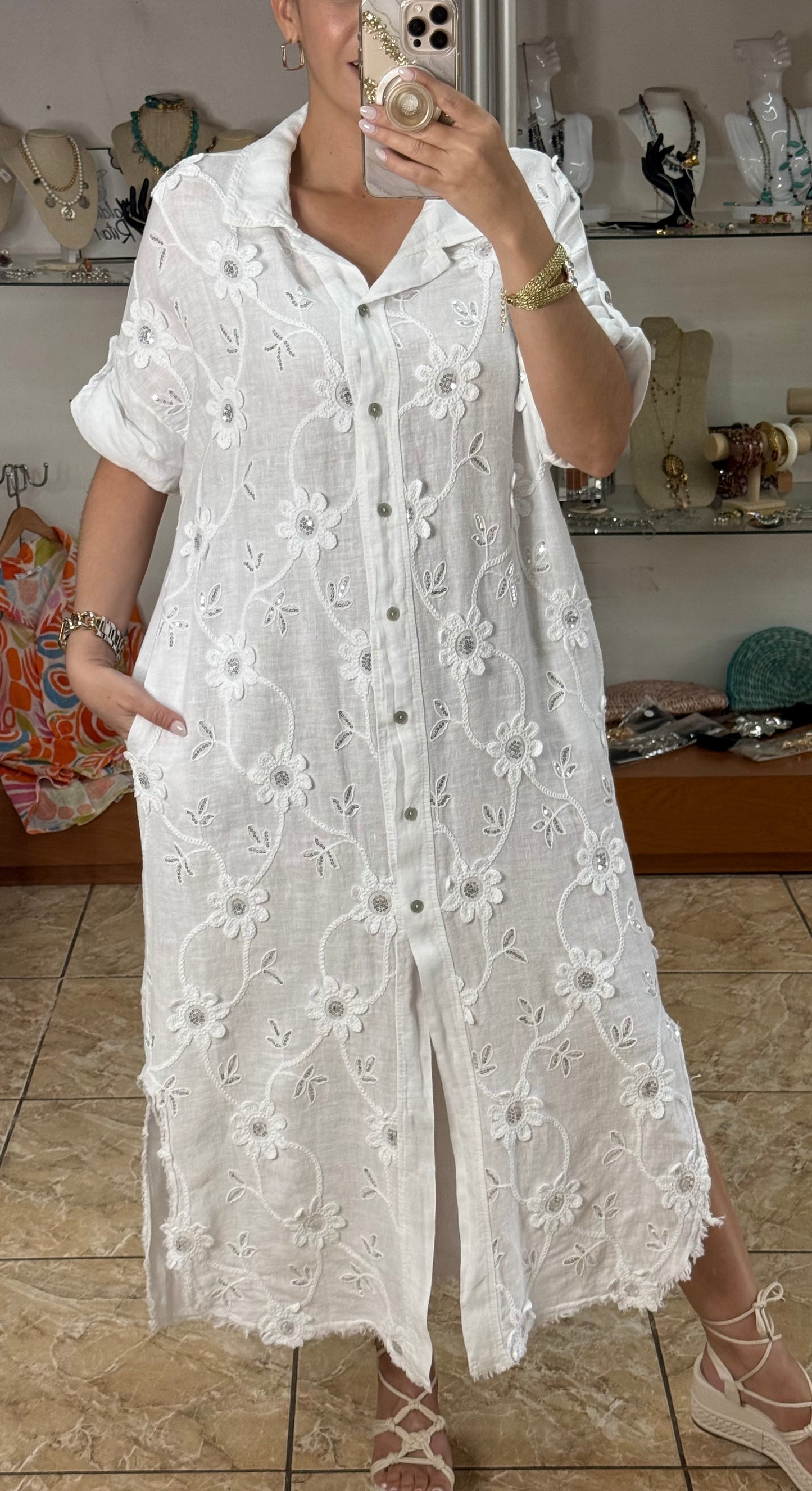 OS Embroidered/Sequins Linen Maxi Dress (NO RETURNS OR EXCHANGE)