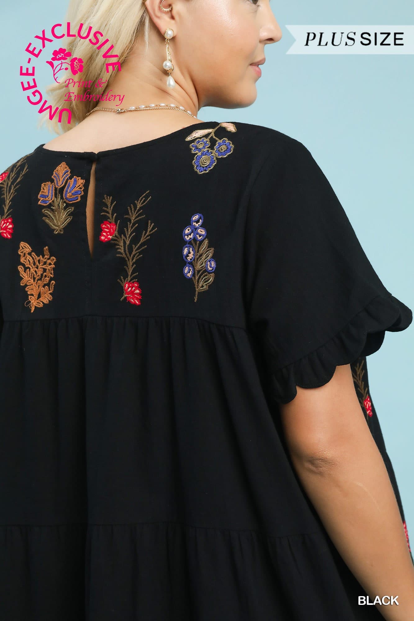 Black Floral Embroidered Tiered Babydoll Dress (PLUS)