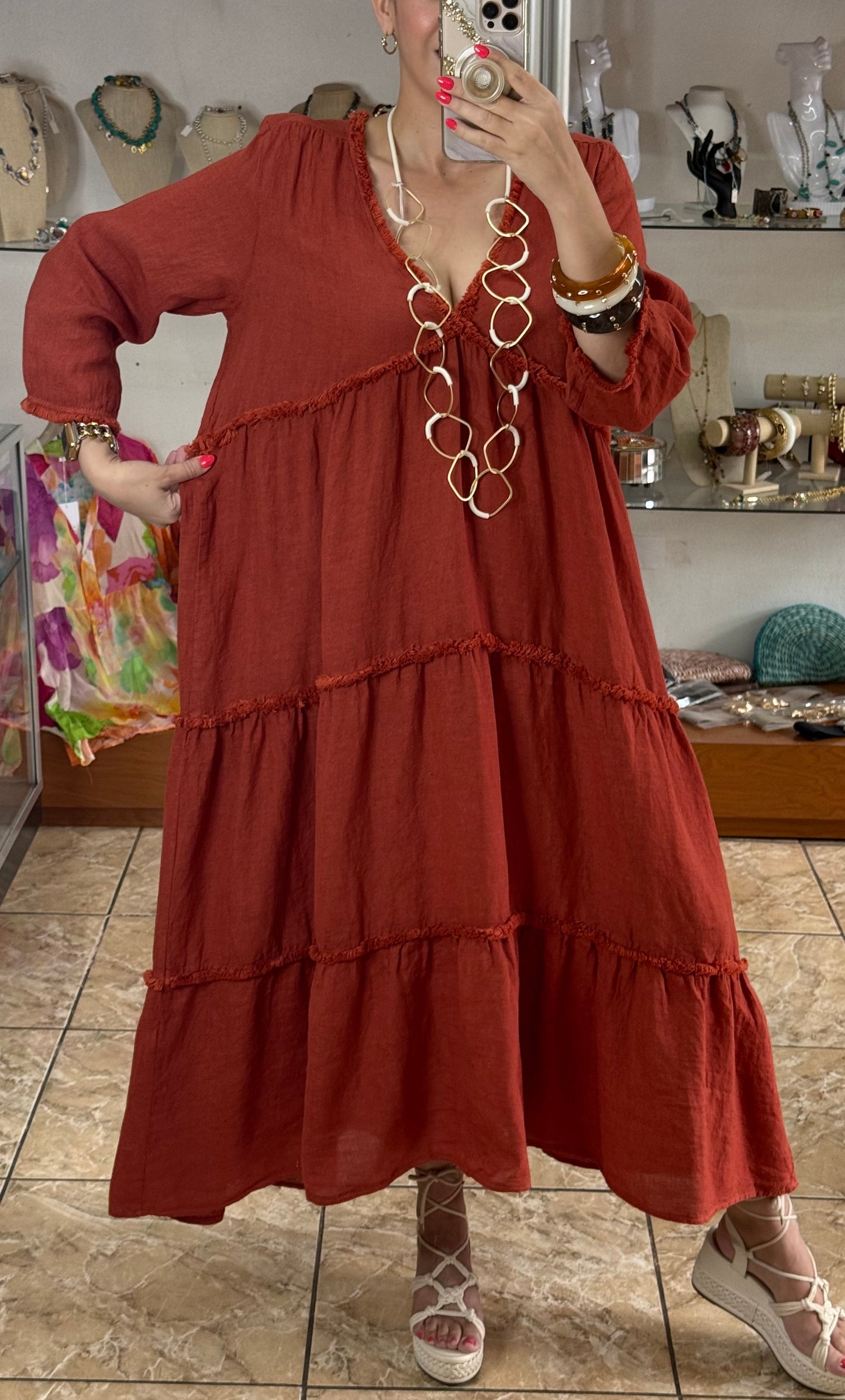 Deep V Neck OS Linen Dress (NO RETURNS OR EXCHANGE)