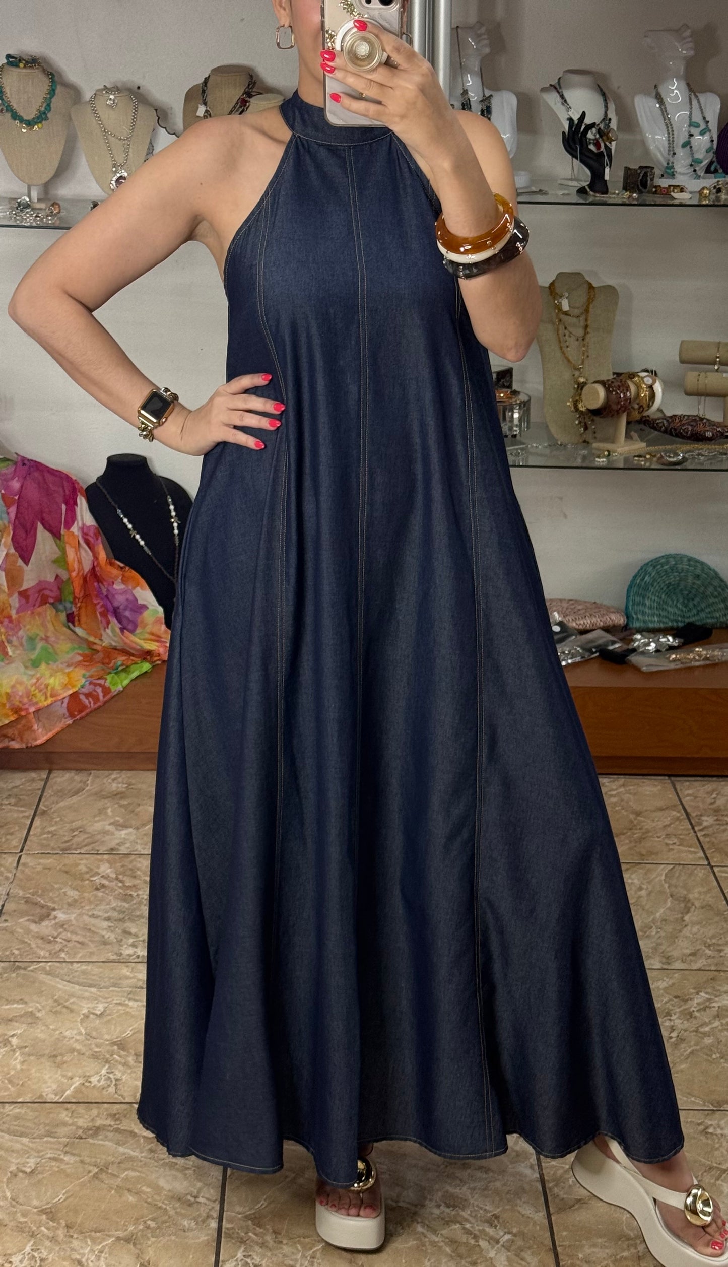 Halter Denim Maxi Dress