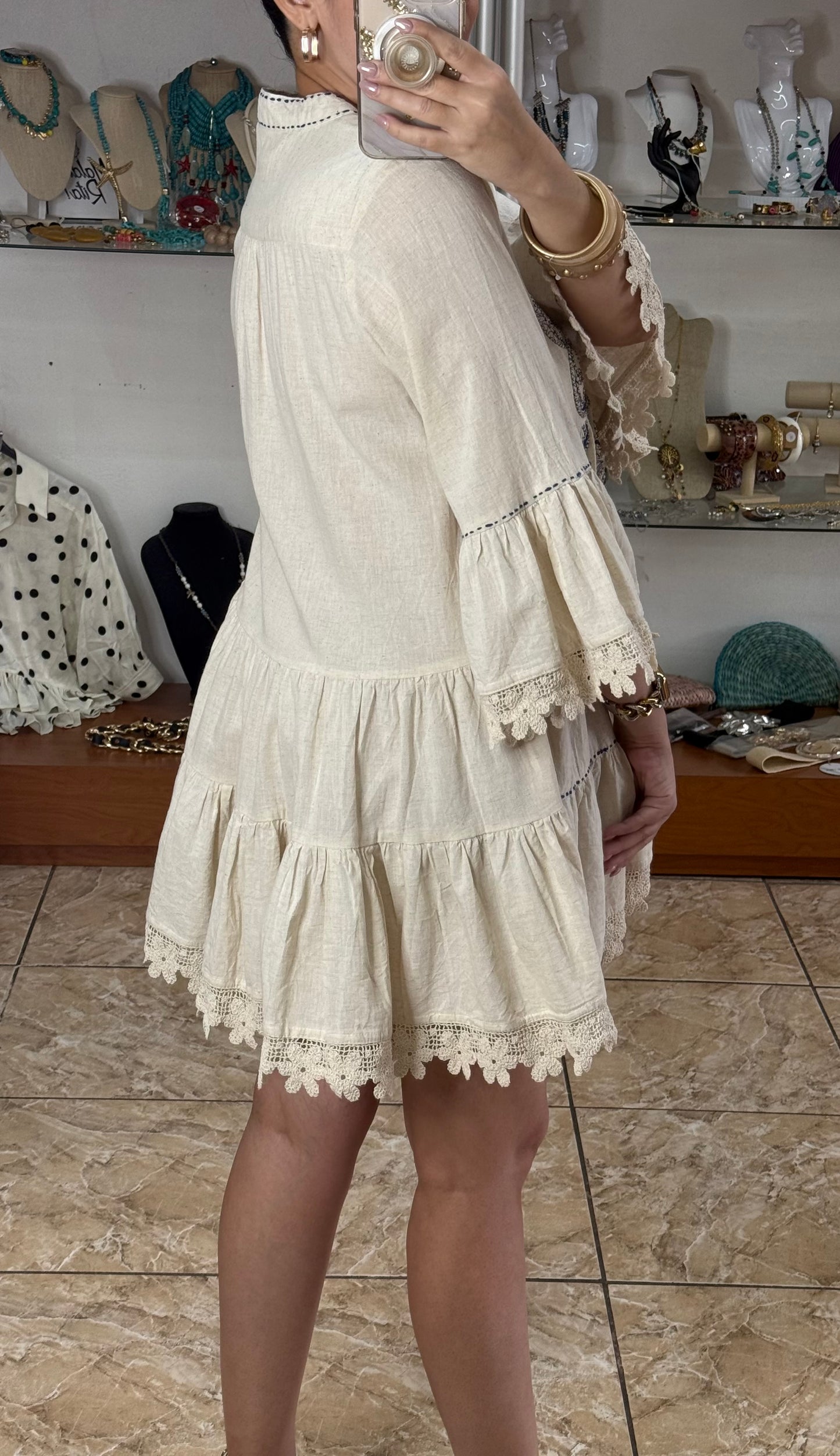 Natural and Blue Embroidered Boho Mini Dress