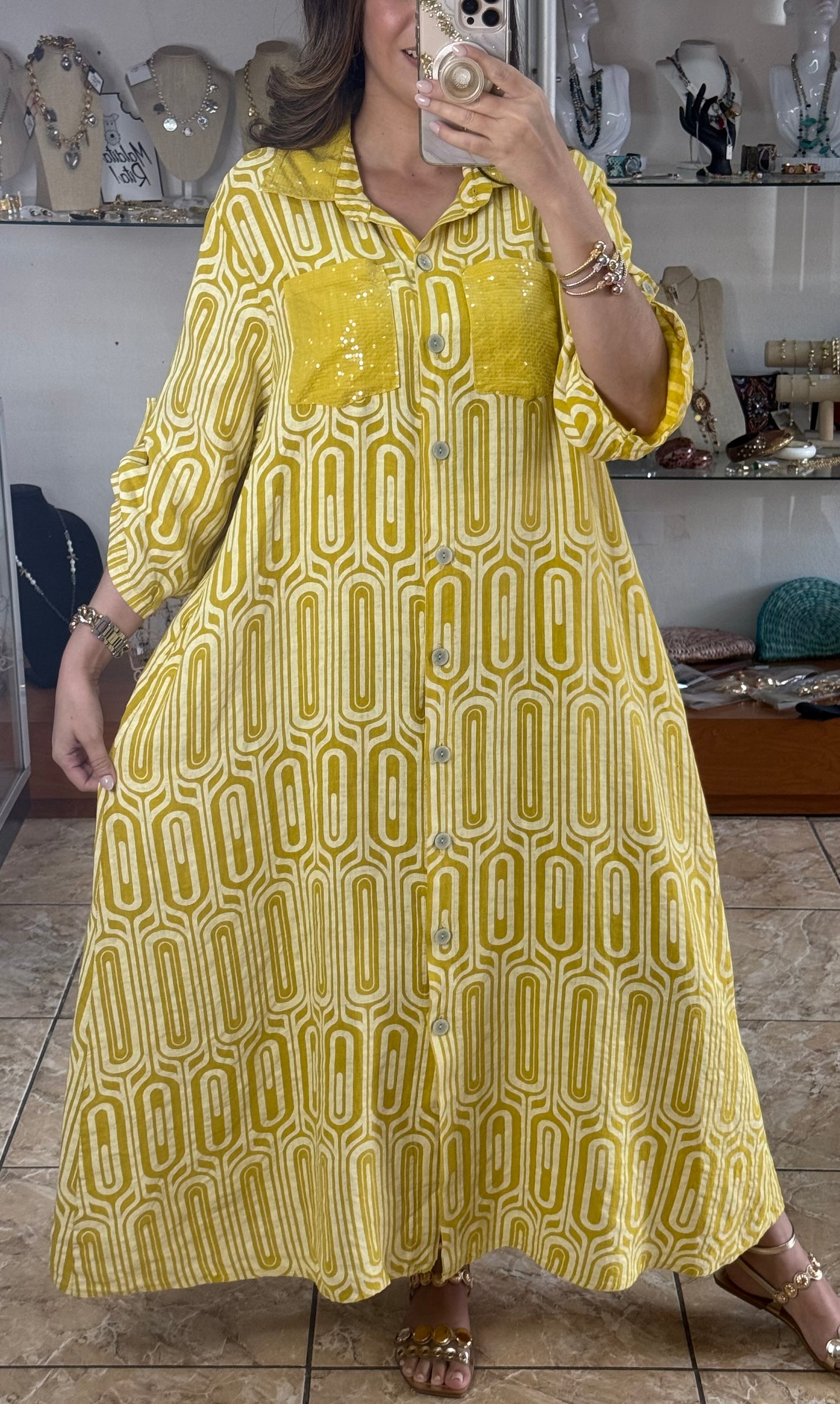 OS Geometric Linen Maxi Dress (NO RETURNS OR EXCHANGE)