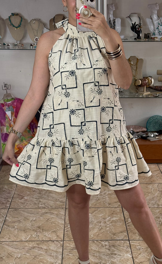 Halter Embroidered Mini Dress