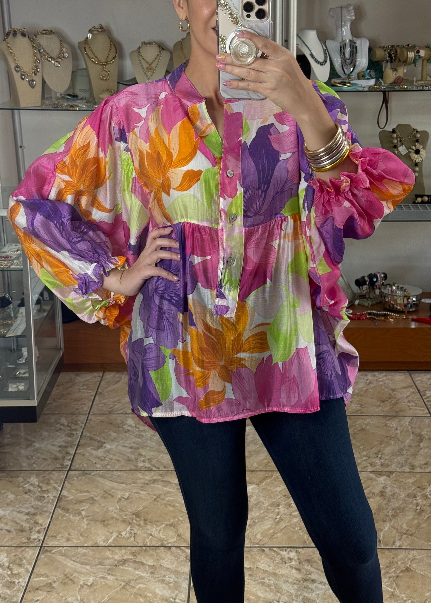 Purple/Pink Floral OS Tunic Top (FINAL SALE)