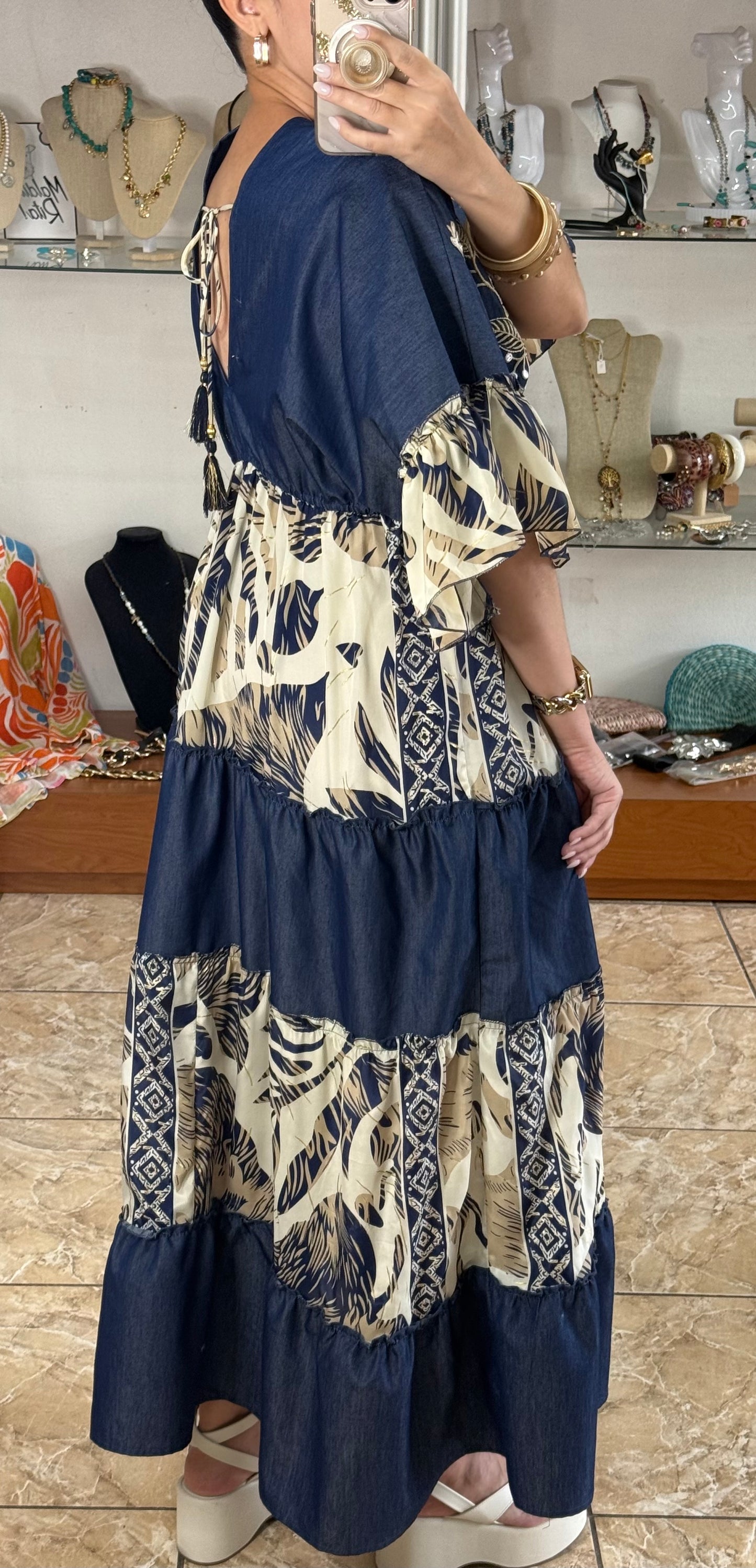 Denim Mix OS Boho Maxi Dress (NO RETURNS OR EXCHANGE)