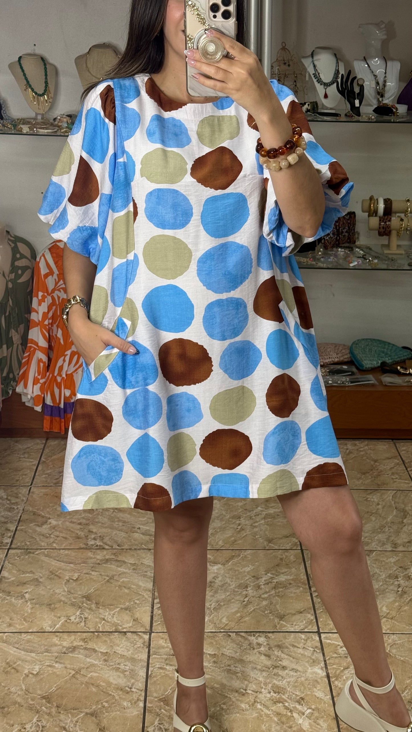 Blue Mix Polkadots Mini Dress