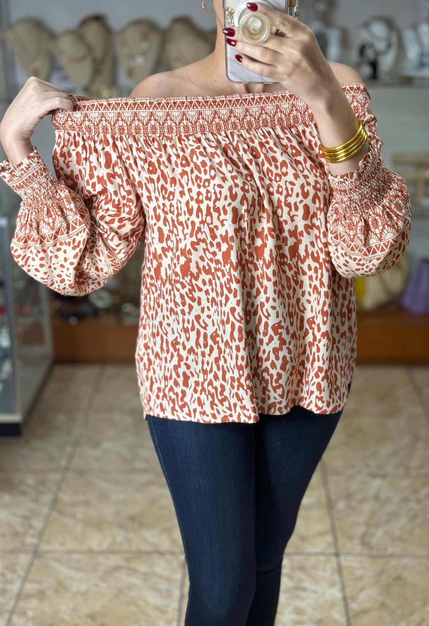 Salmon Mix Off Shoulder Top