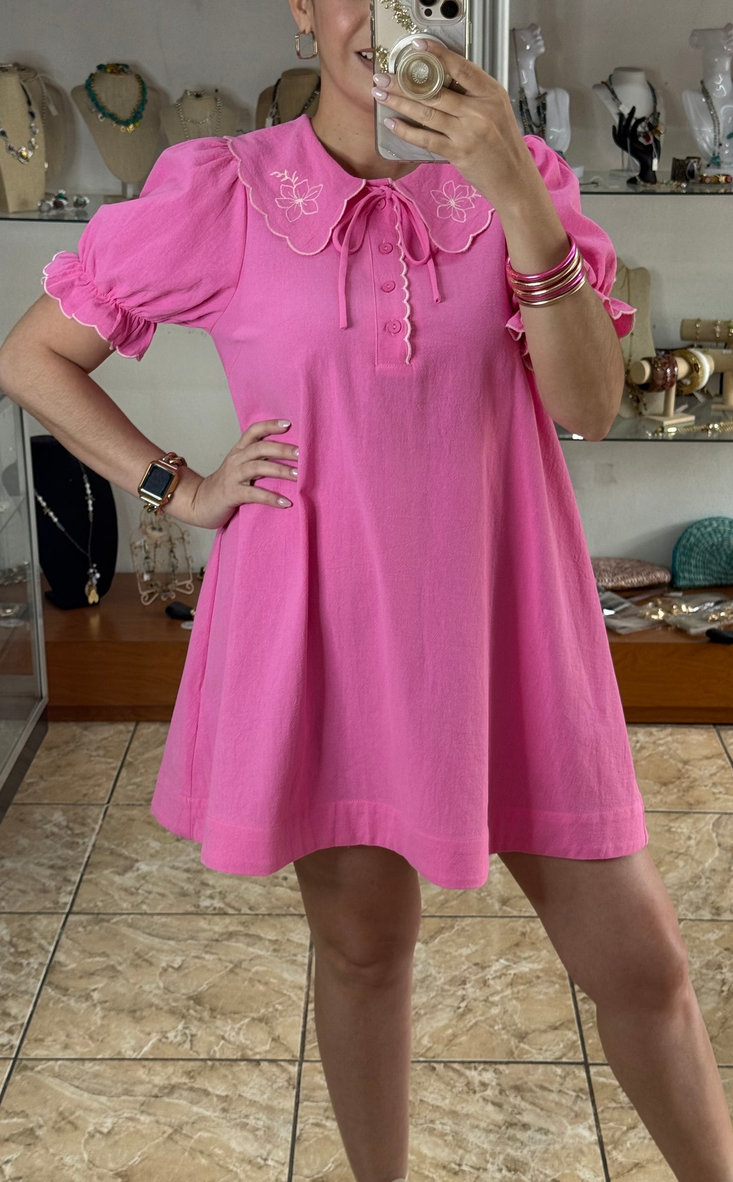 Pink Embroidered Collared Mini Dress