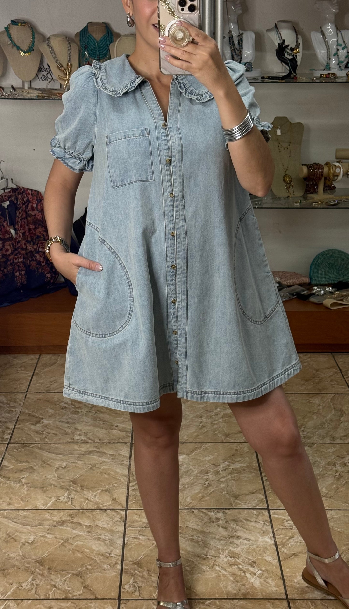 Peter Pan Neckline Denim Dress