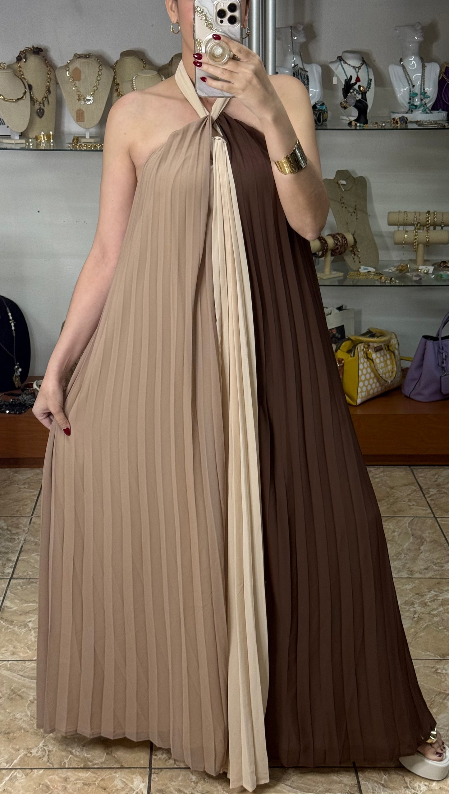 Mocha Mousse Pleated Halter Maxi Dress (Open Back)
