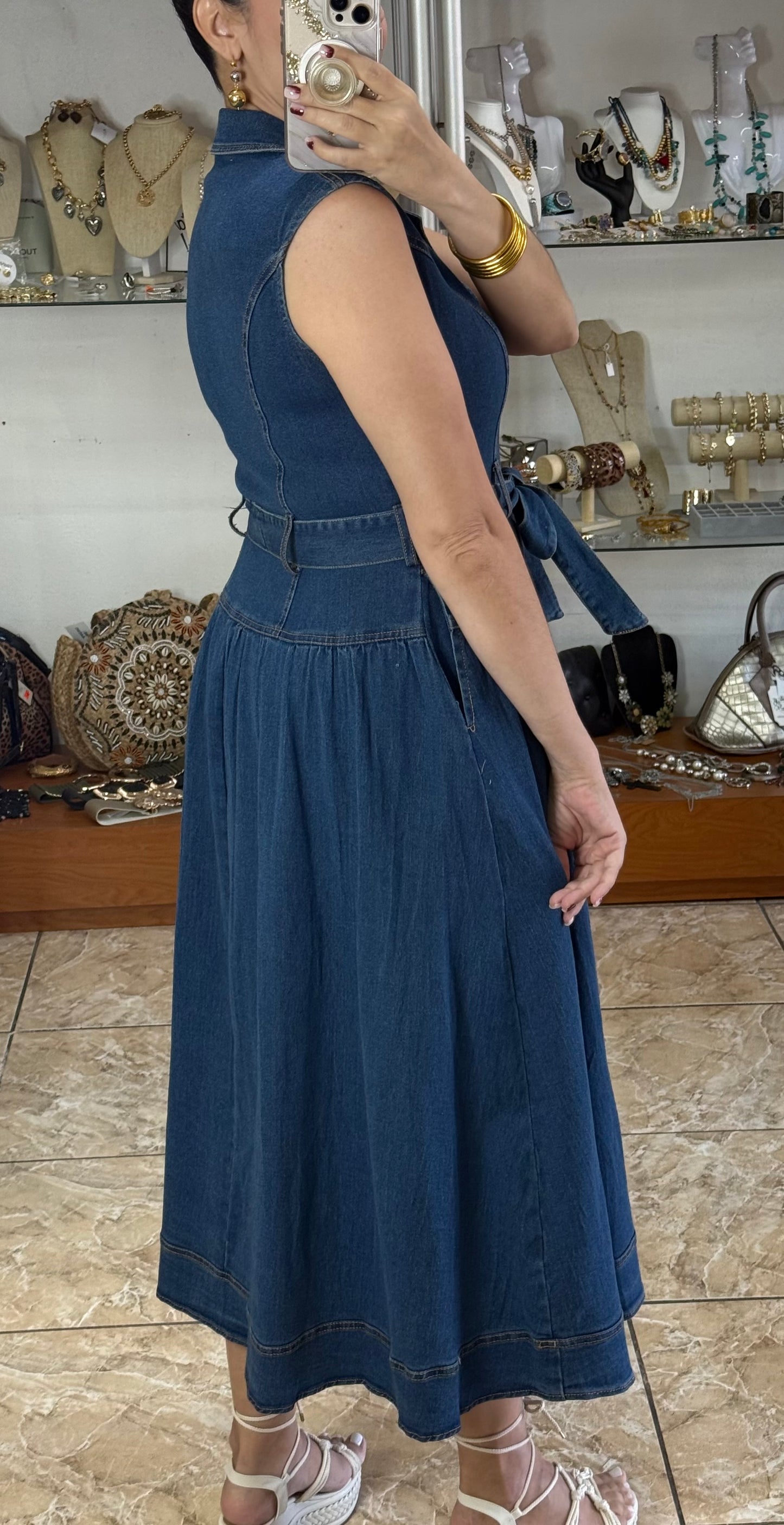 Sleeveless Belted Denim Dress