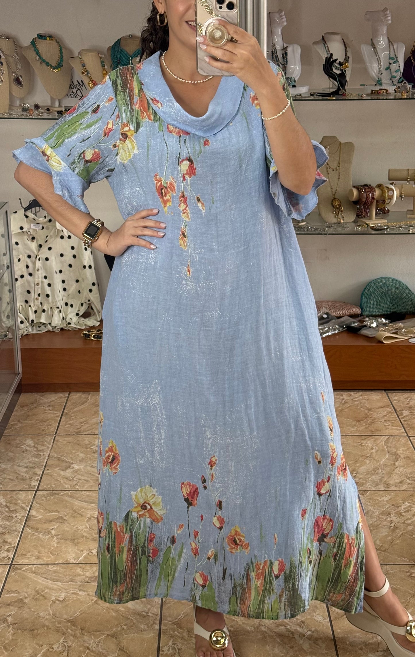 Orange Flowers OS Linen Maxi Dress (NO RETURNS OR EXCHANGE)