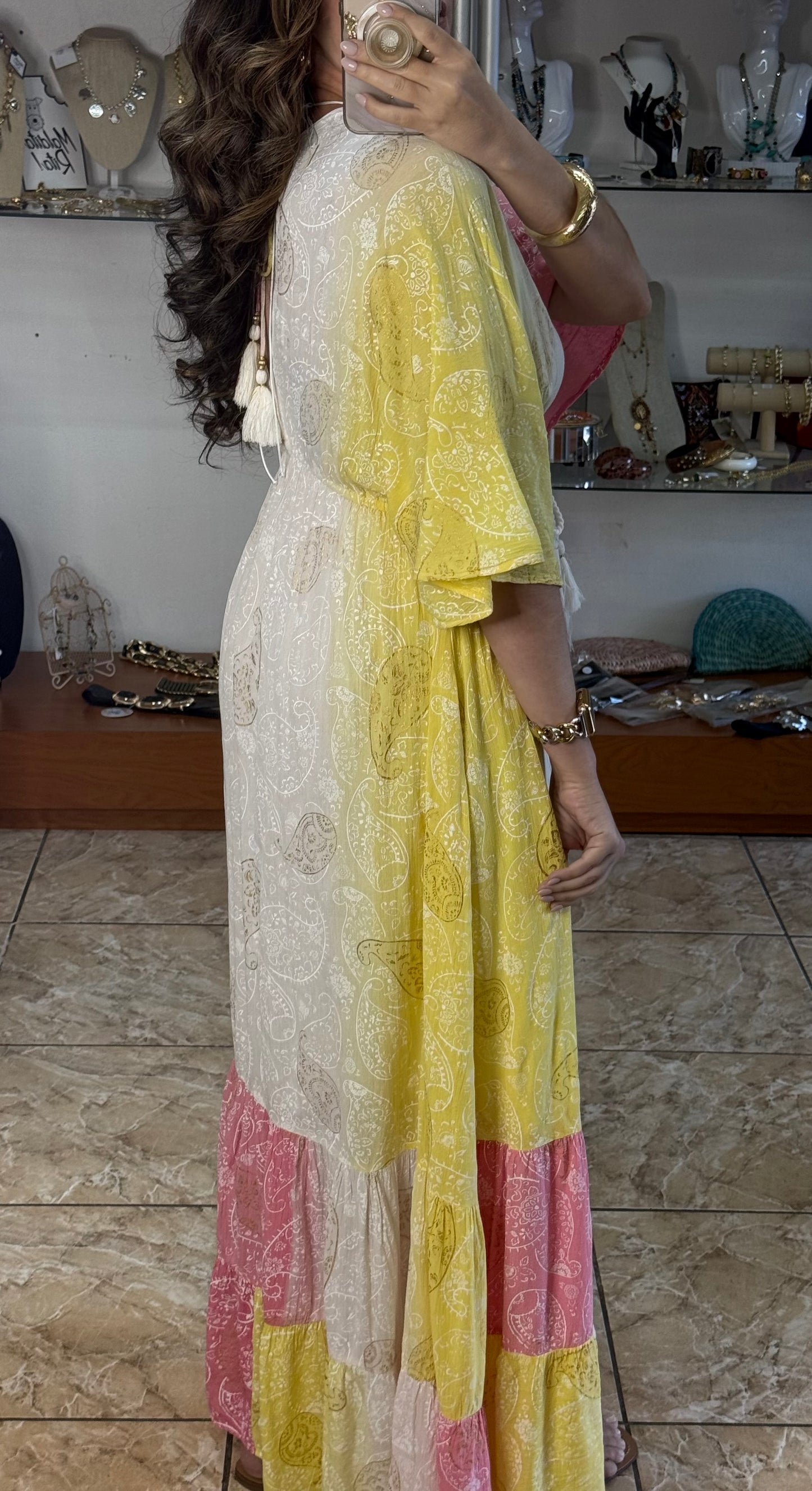 Paisley Yellow/Pink OS Maxi Boho Dress (NO RETURNS OR EXCHANGE)