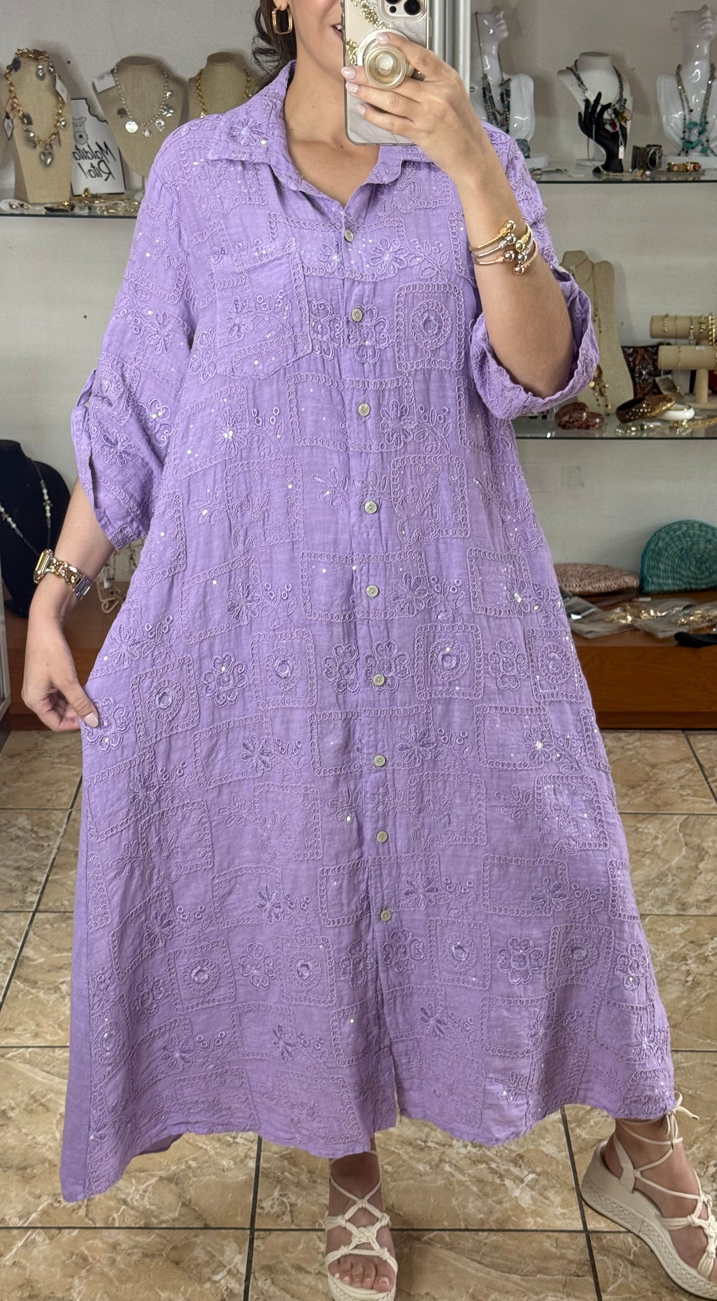 OS Sequins Embroidered Linen Maxi Dress (NO RETURNS OR EXCHANGE)