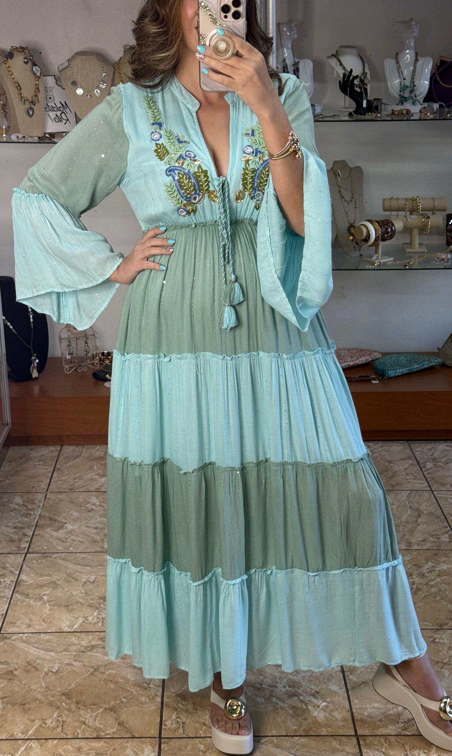 Boho Sage/Turquoise Embroidered OS Maxi Dress (NO RETURNS OR EXCHANGE)