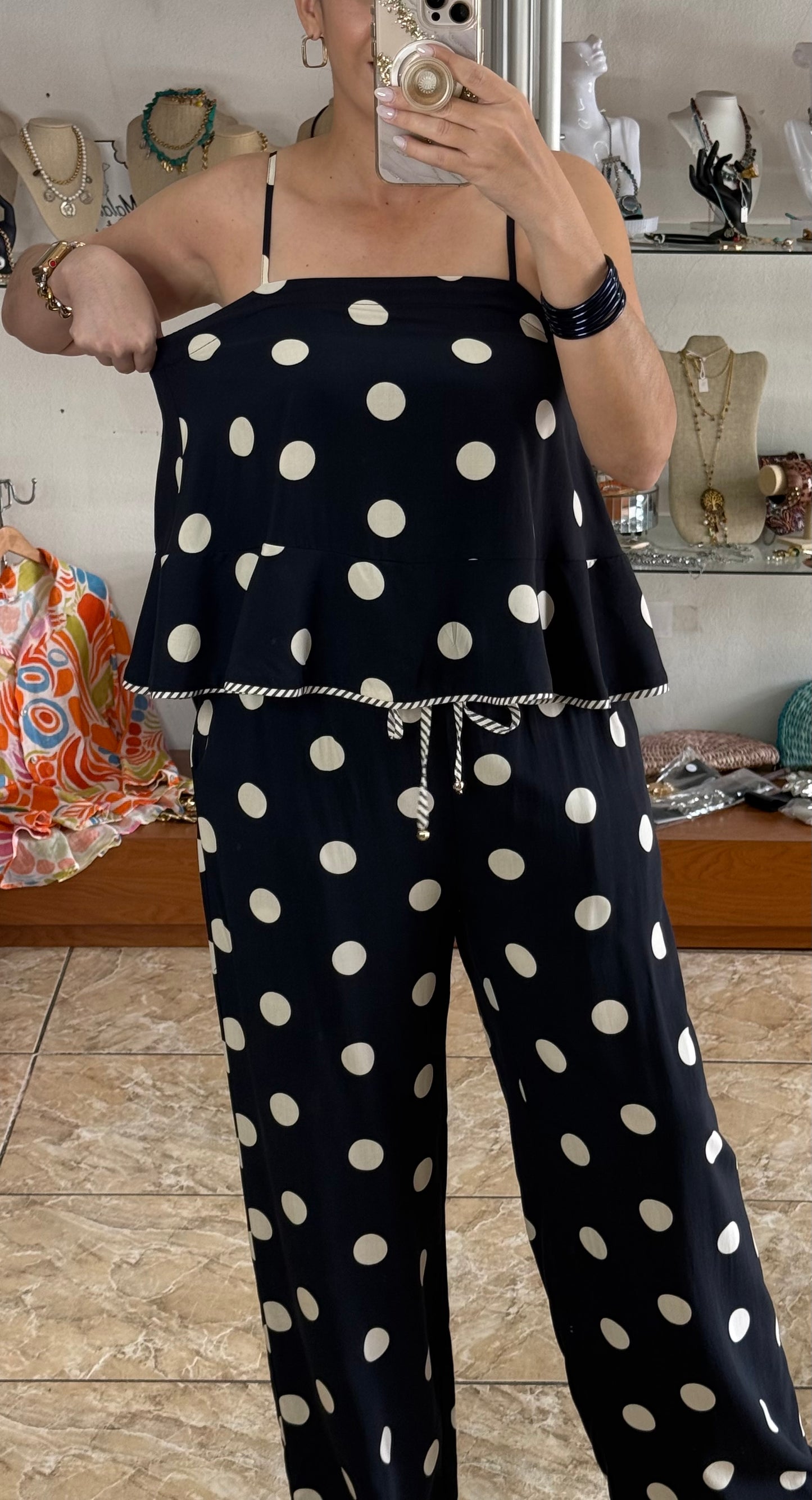 Black/Beige Polkadots Pant Set