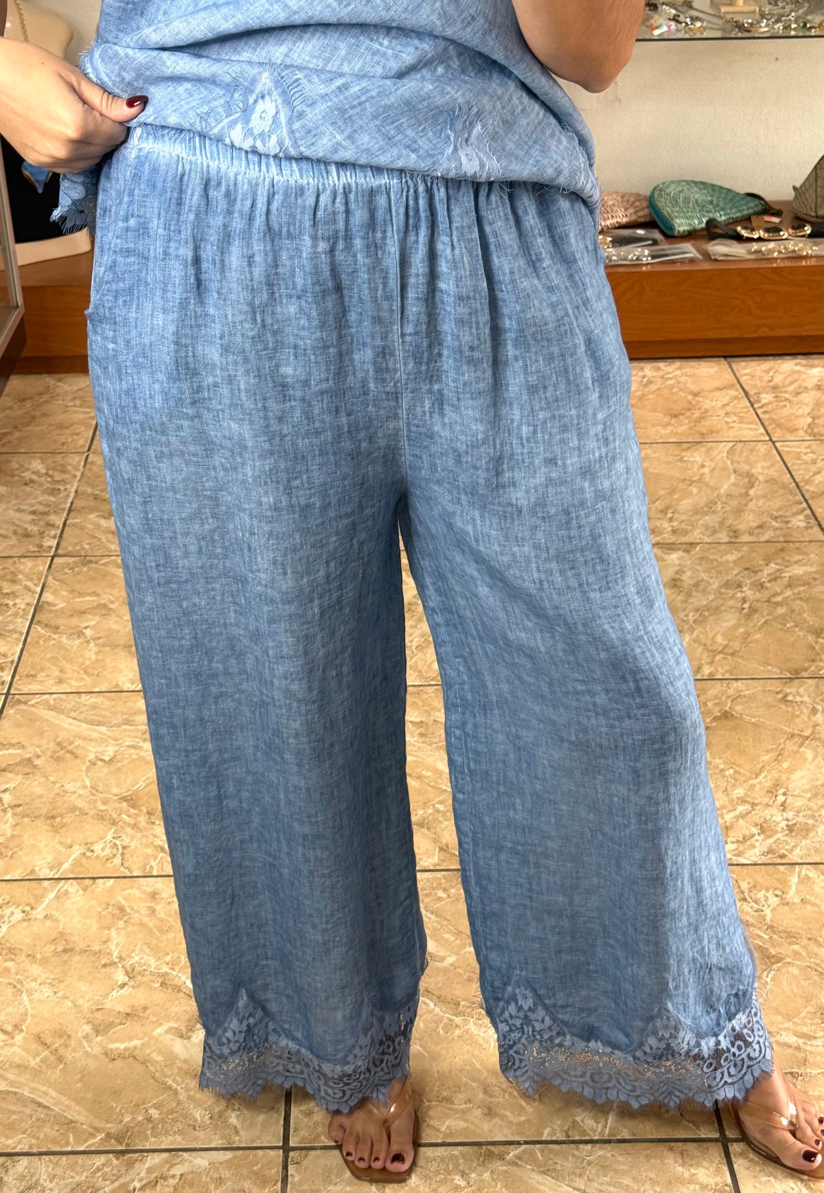 Linen/Lace Top & Pant OS Set (NO RETURNS OR EXCHANGE)