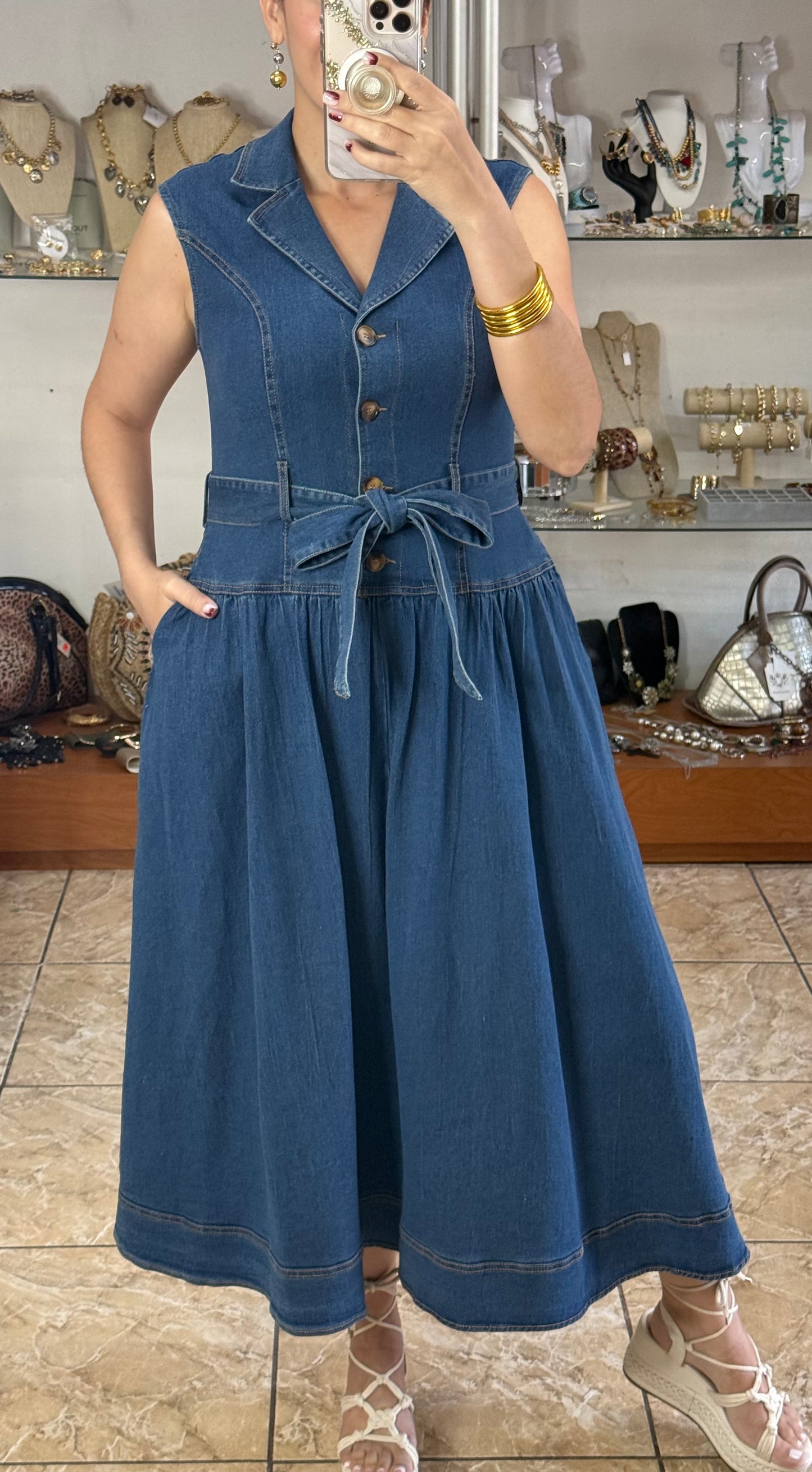 Sleeveless Belted Denim Dress
