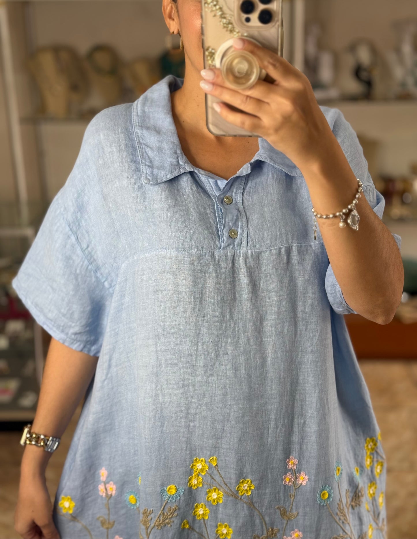 Floral Embroidered OS Linen Dress (NO RETURNS OR EXCHANGE)