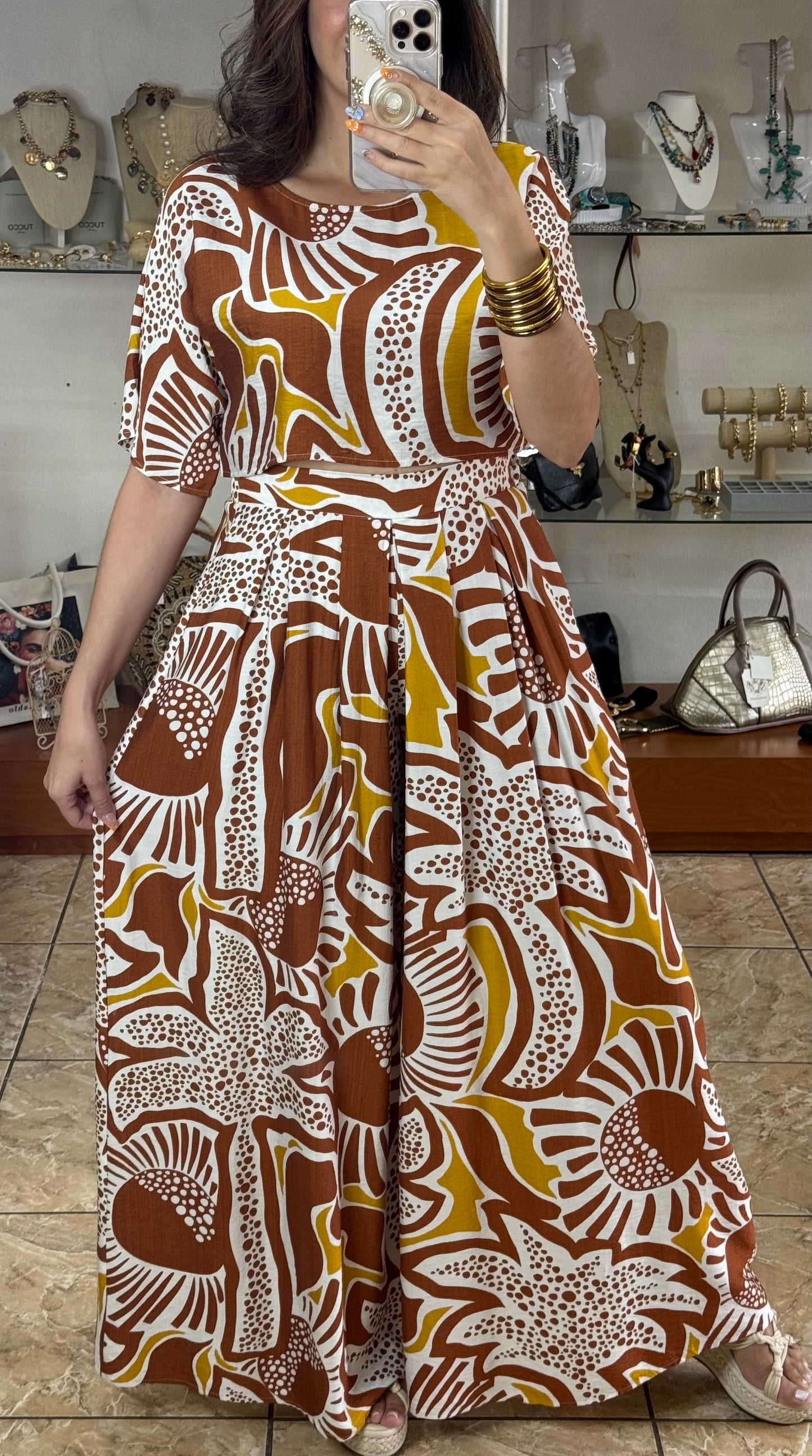 Brown Mix Crop Top and Pant Set