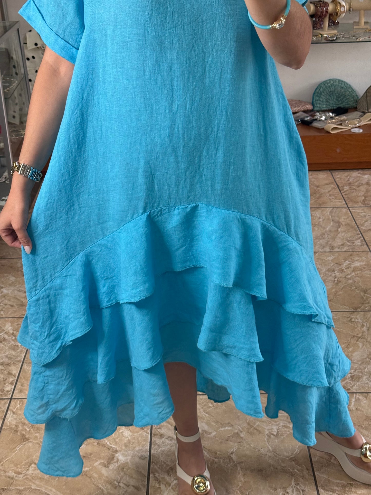 OS Ruffle Tiered Linen Midi Dress (NO RETURNS OR EXCHANGE)