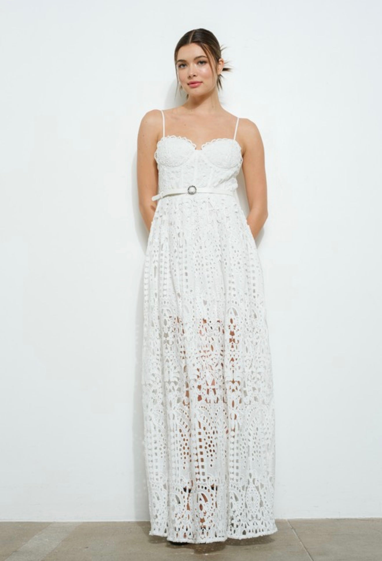 White Lace Maxi Dress with Belt (FINAL SALE)