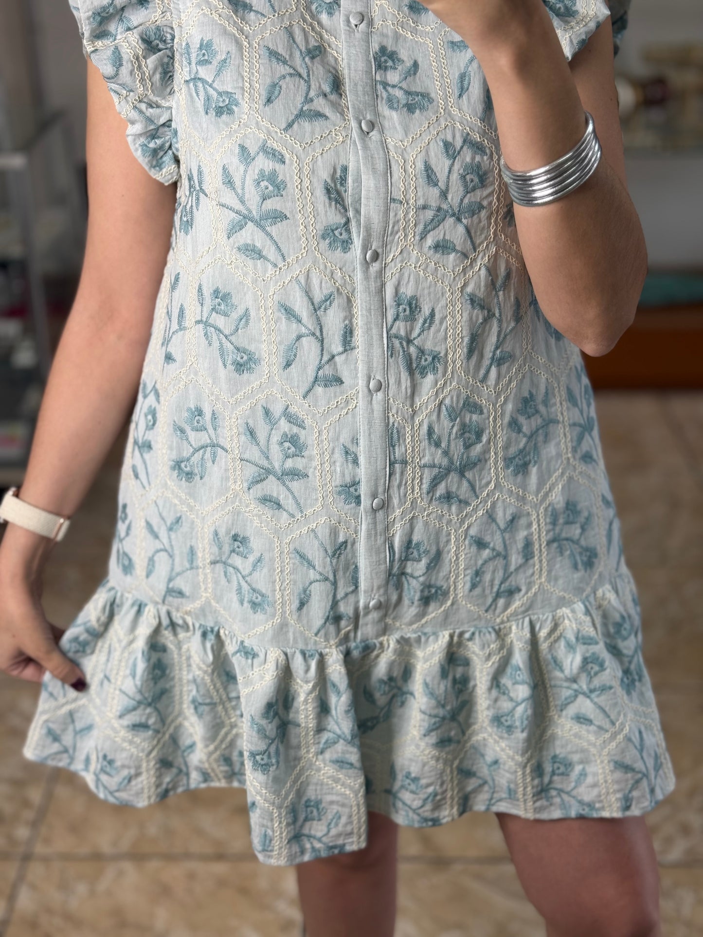 Mint Floral Embroidered Mini Dress