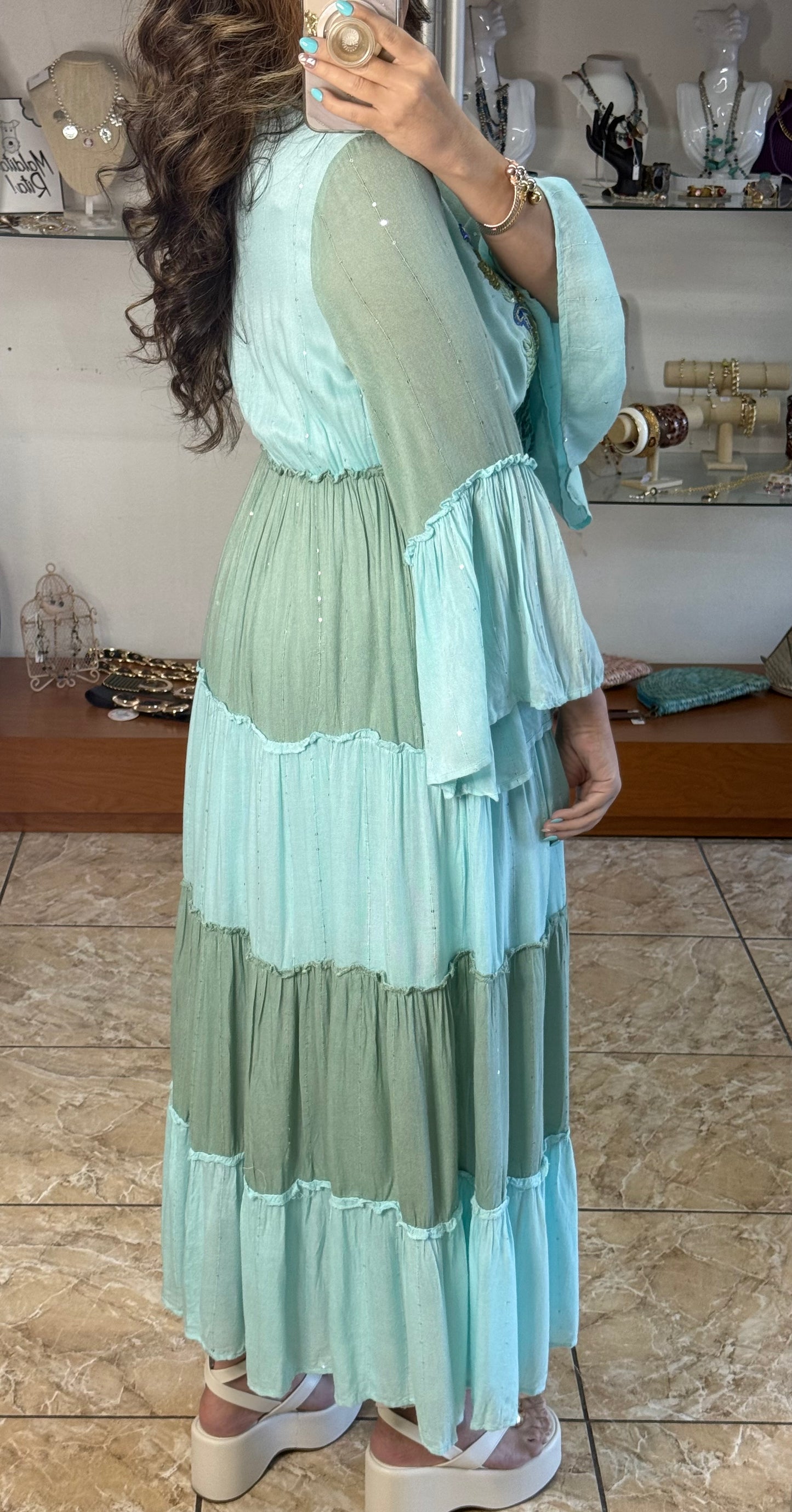 Boho Sage/Turquoise Embroidered OS Maxi Dress (NO RETURNS OR EXCHANGE)
