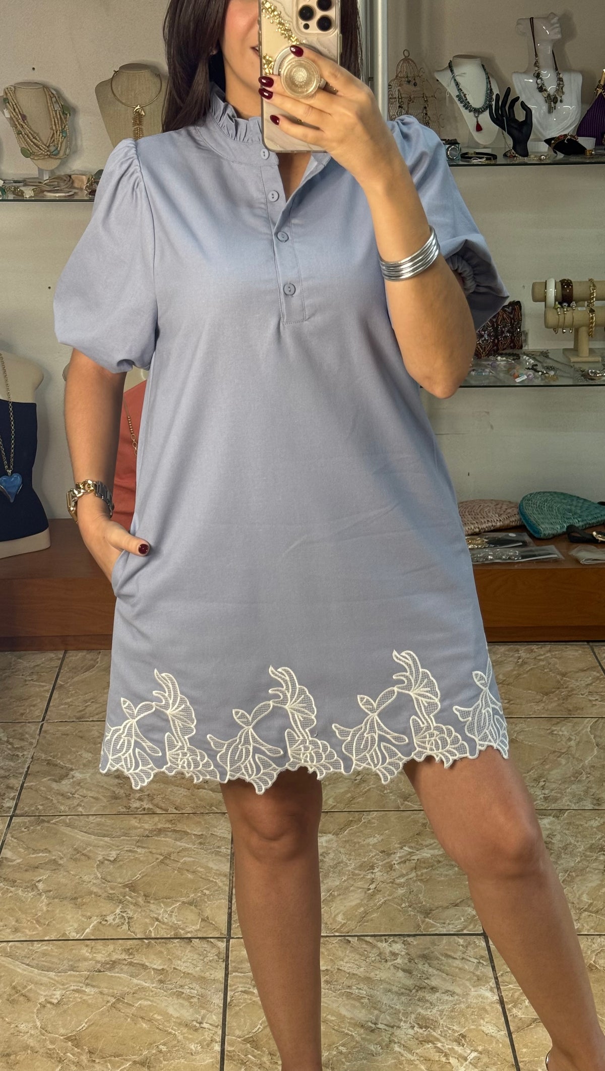 Bubble Sleeve Ruffled Neck Mini Dress