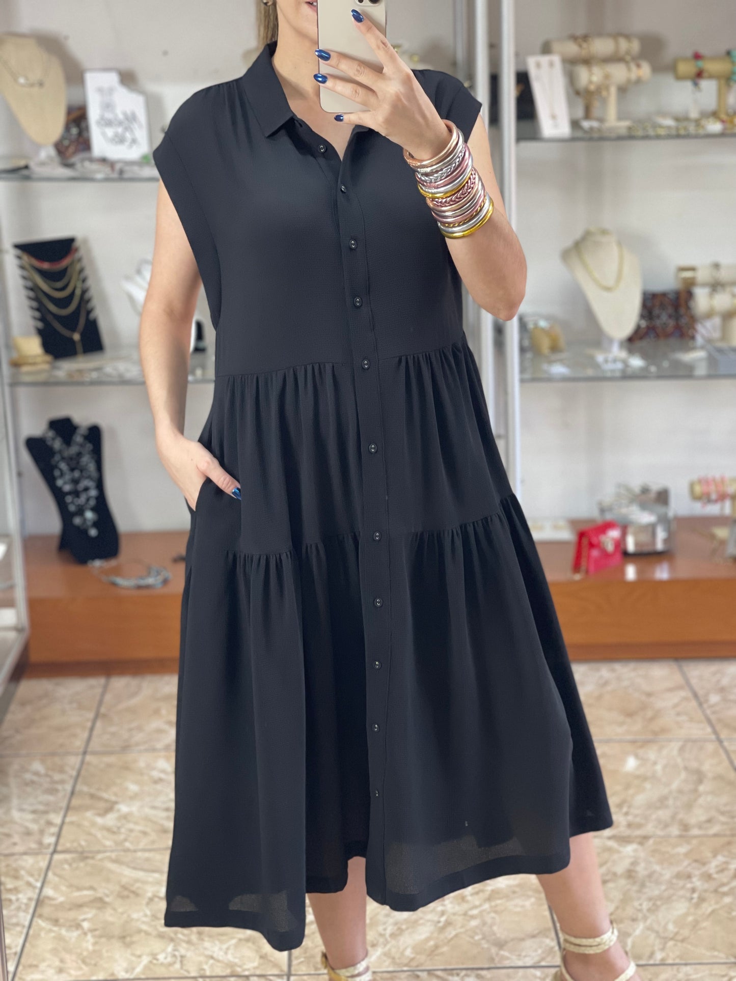 A-Line Tiered Button Maxi Dress