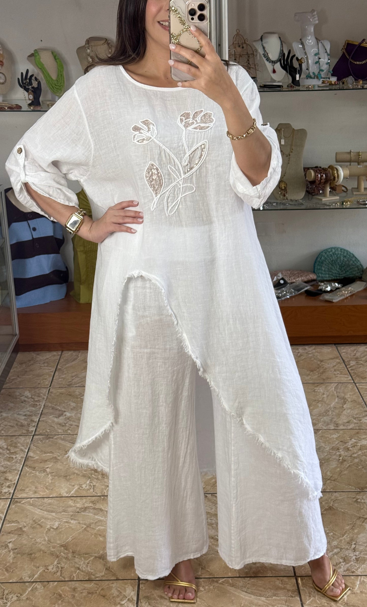 OS Asymmetrical Linen/Sequins Top (NO RETURNS OR EXCHANGE) (PANT SOLD SEPARATELY)