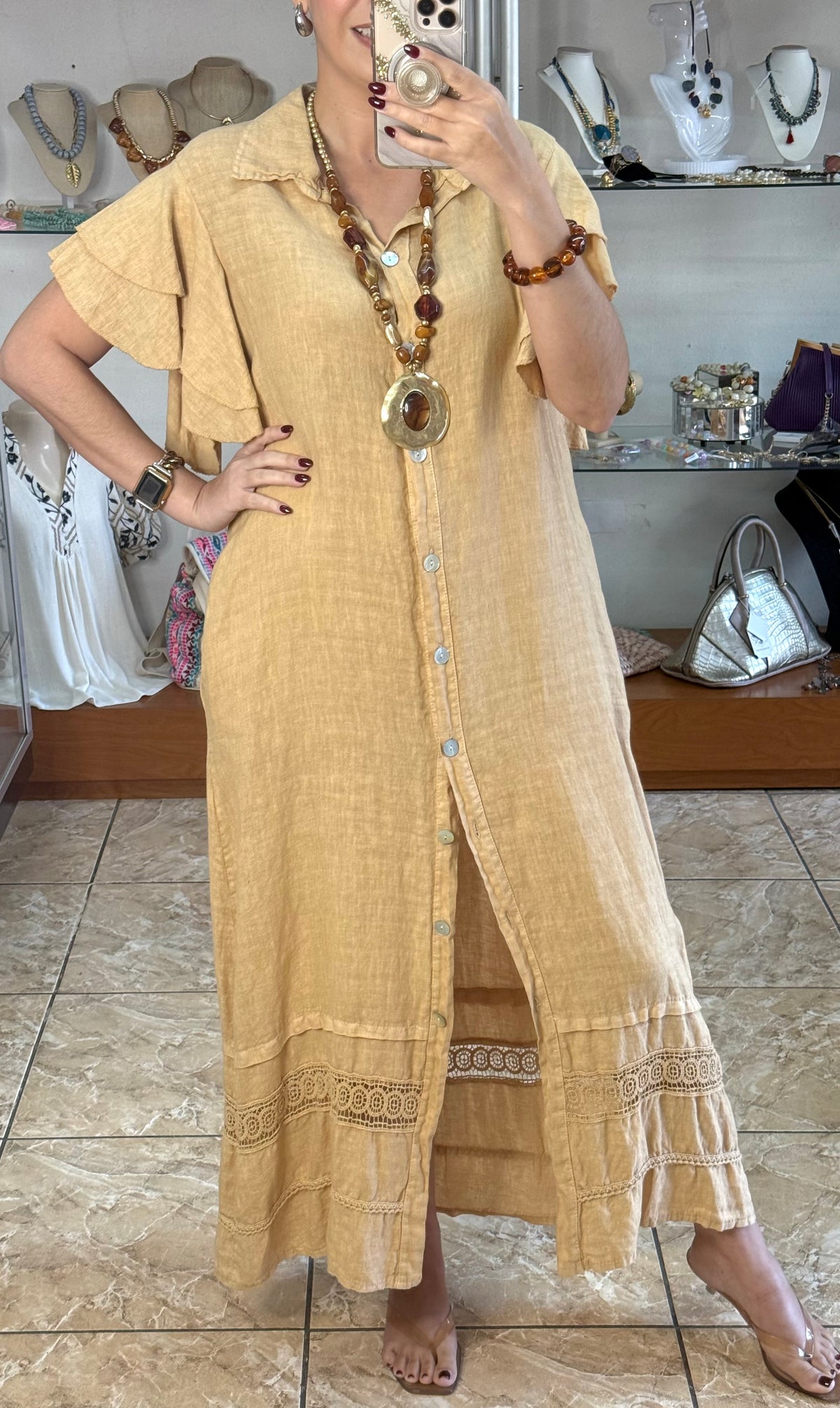 OS Ruffle Sleeves Button Down Linen Dress (NO RETURNS OR EXCHANGE)