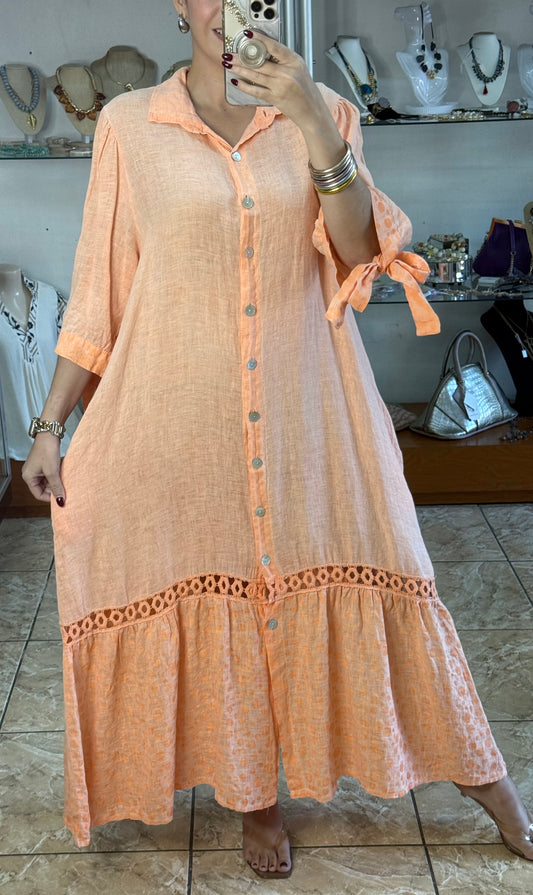 OS Linen/Polka Button Down Maxi Dress (NO RETURNS OR EXCHANGE)