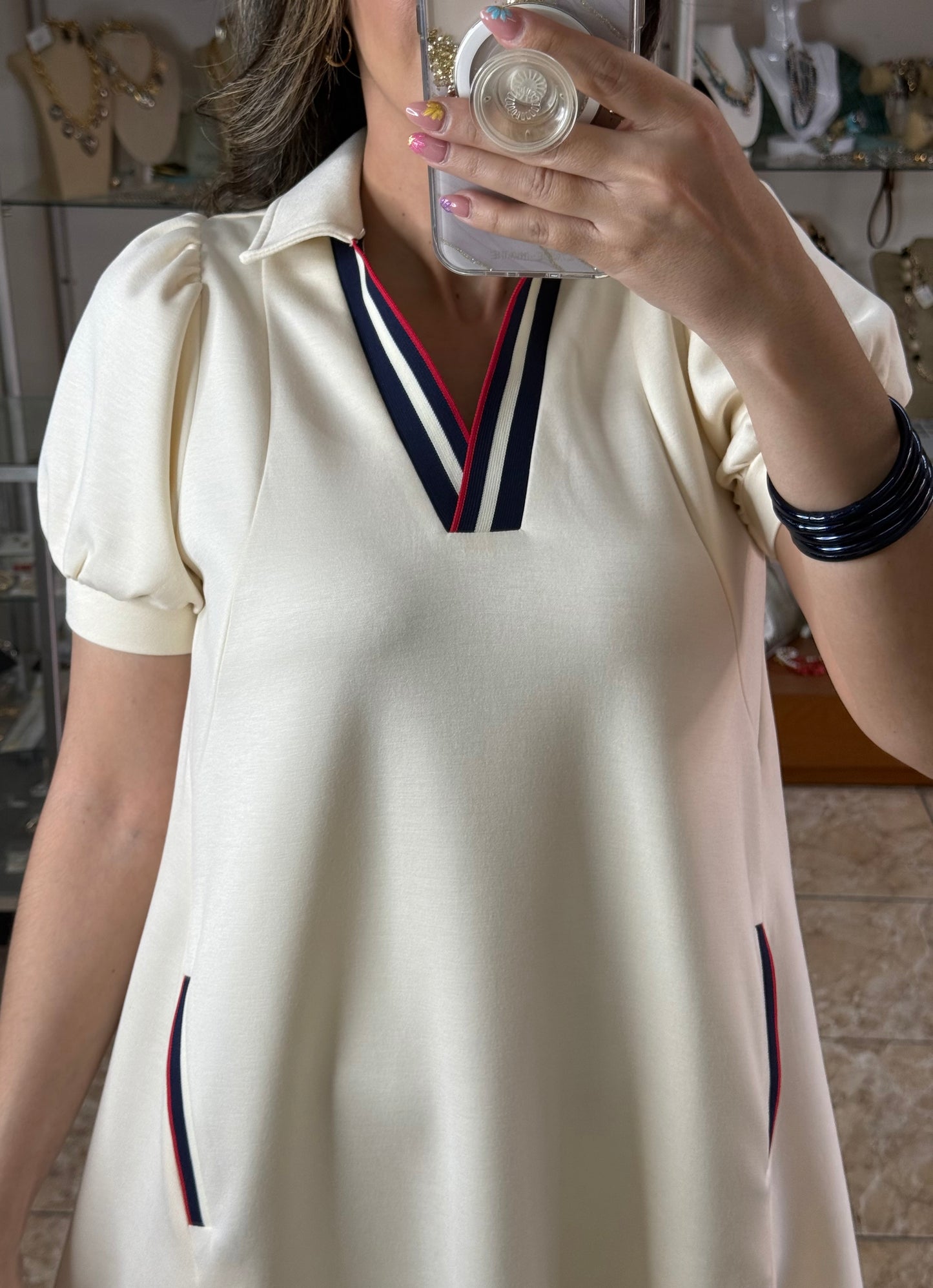 Cream with Navy/Red Details Dress
