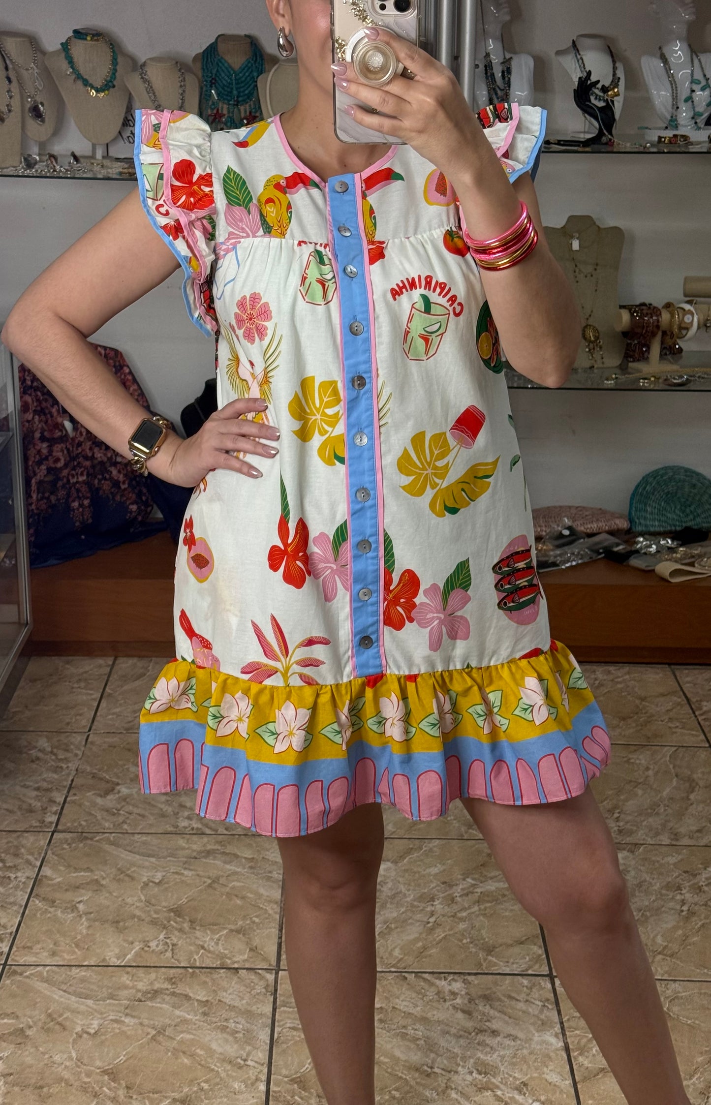 Flutter Sleeves Tropical Mini Dress
