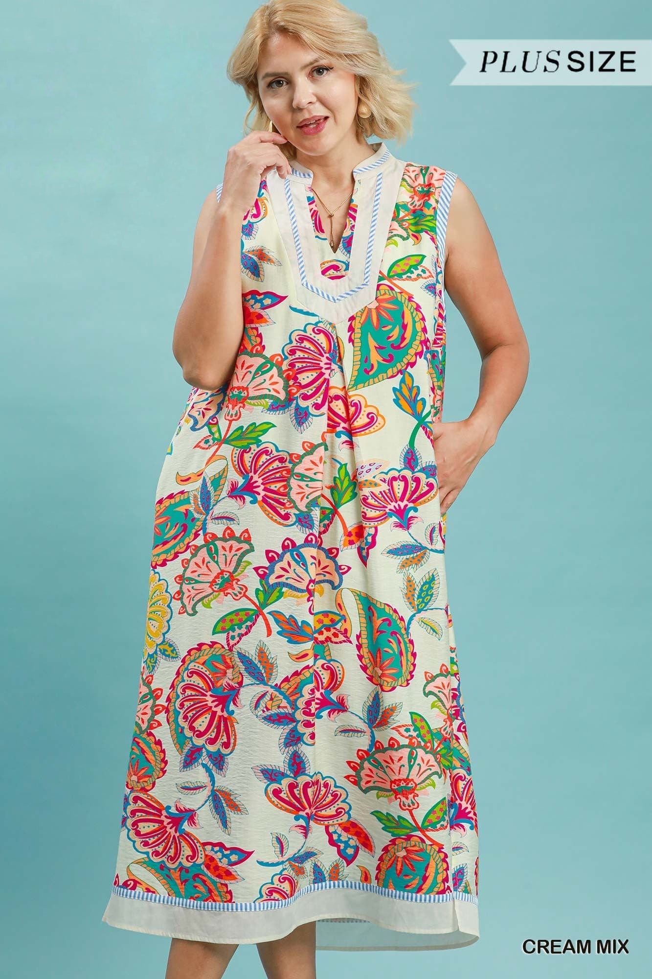 Paisley Floral Sleeveless Midi Dress (PLUS)