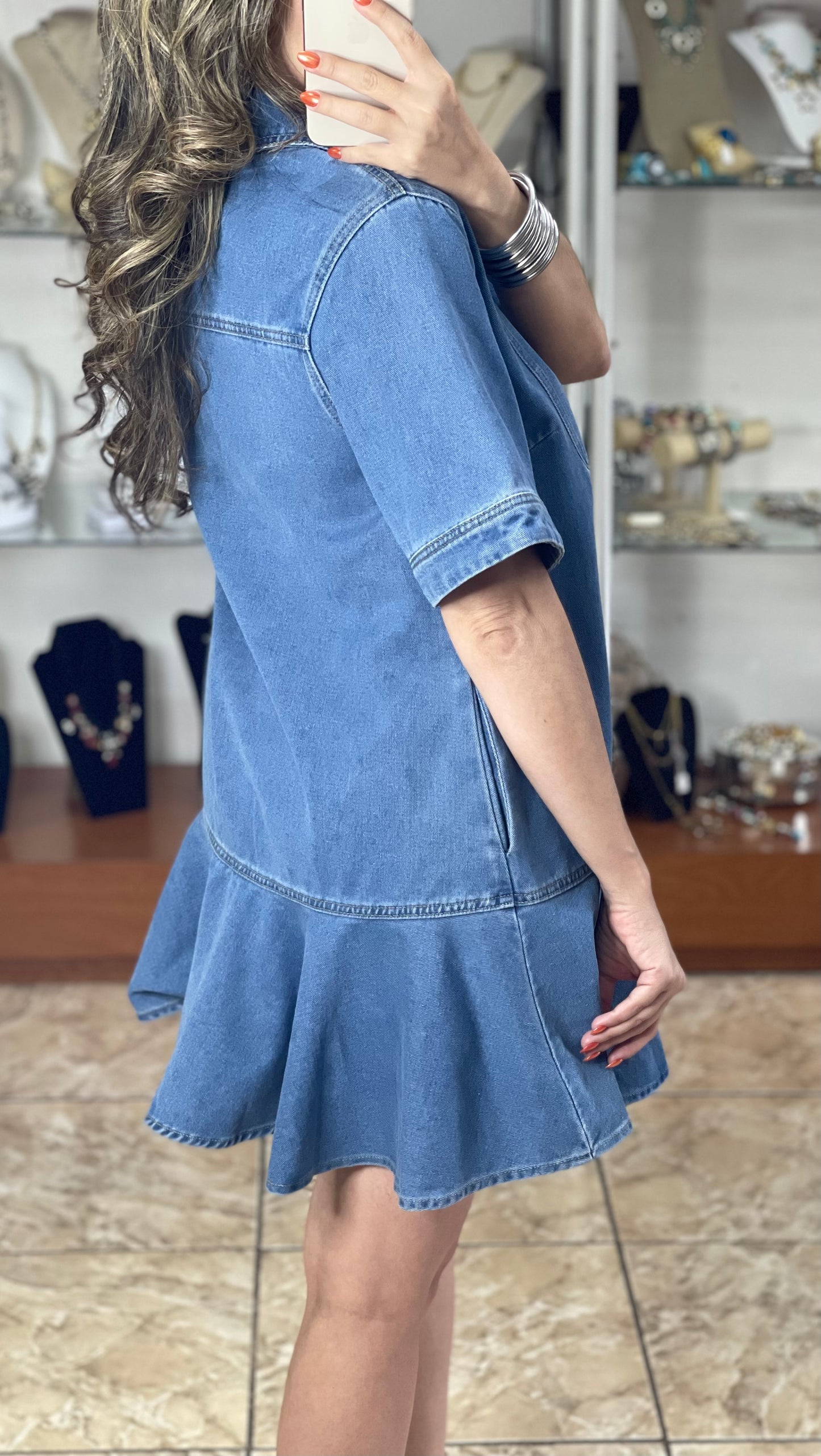 Ruffle Hem Denim Mini Dress