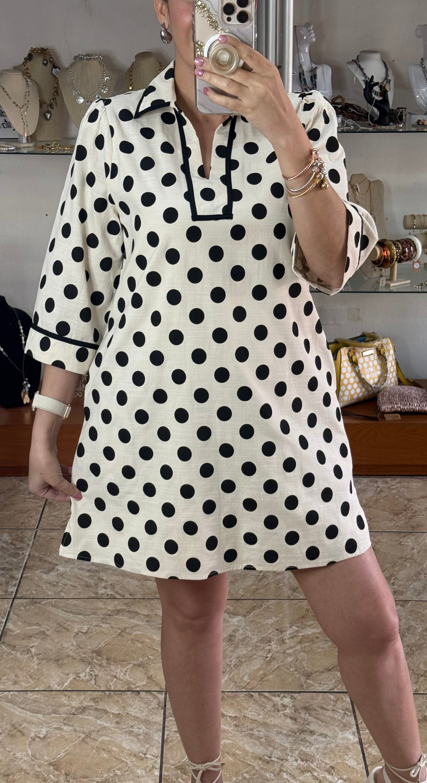Black/Cream Polkadots Mini Dress