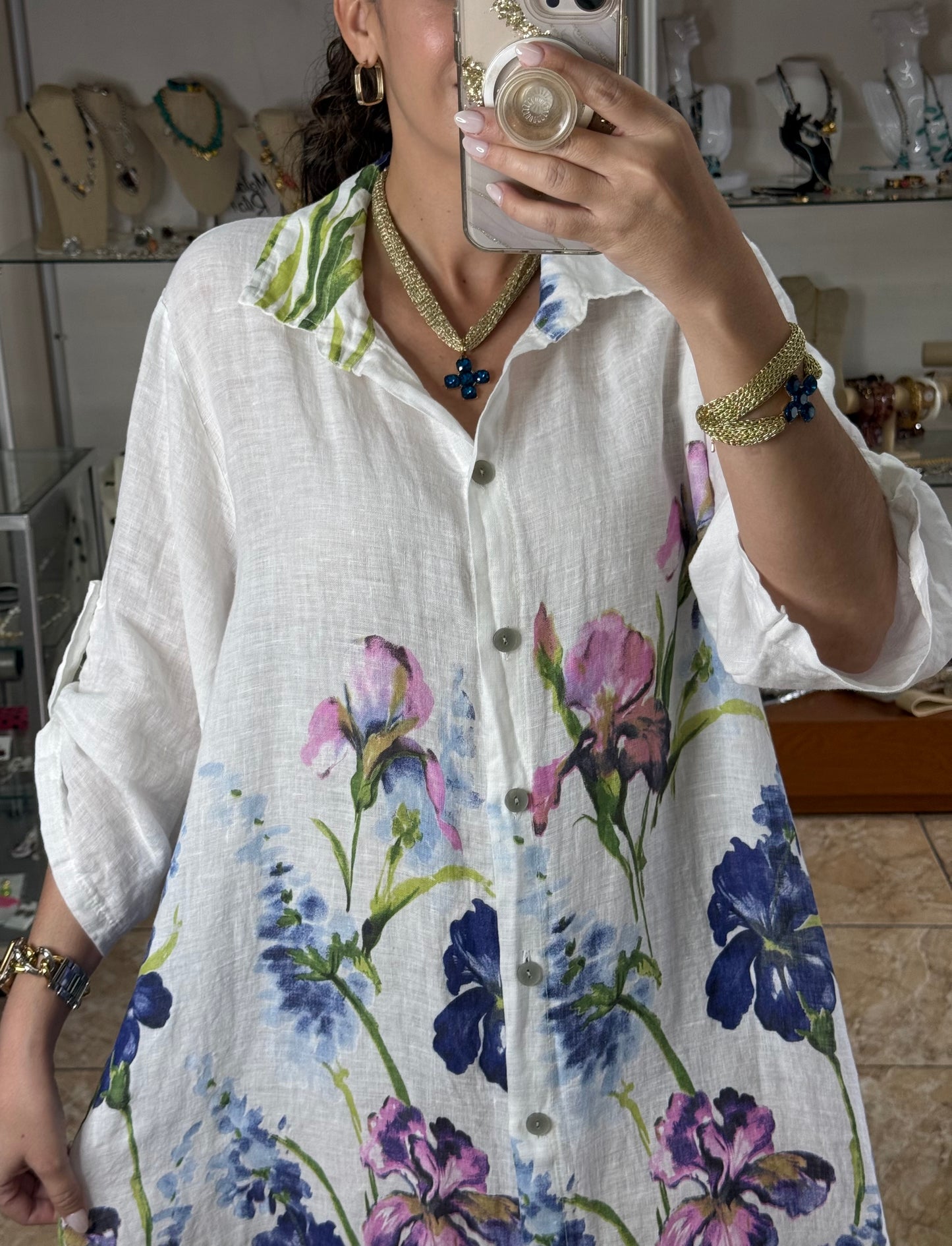 Blue Flowers OS Linen Dress (NO RETURNS OR EXCHANGE)