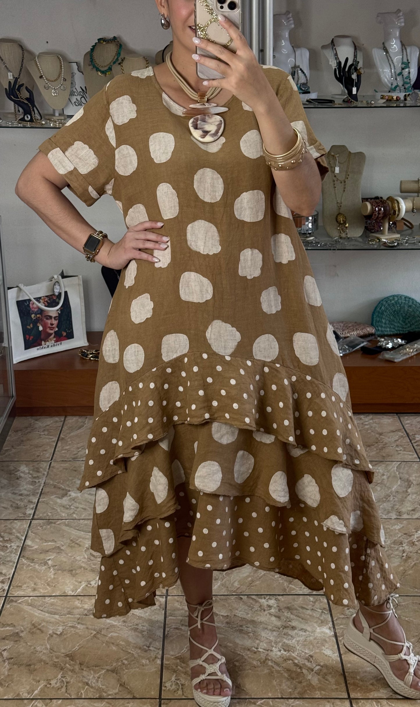 Polka OS Ruffle Tiered Linen Midi Dress (NO RETURNS OR EXCHANGE)