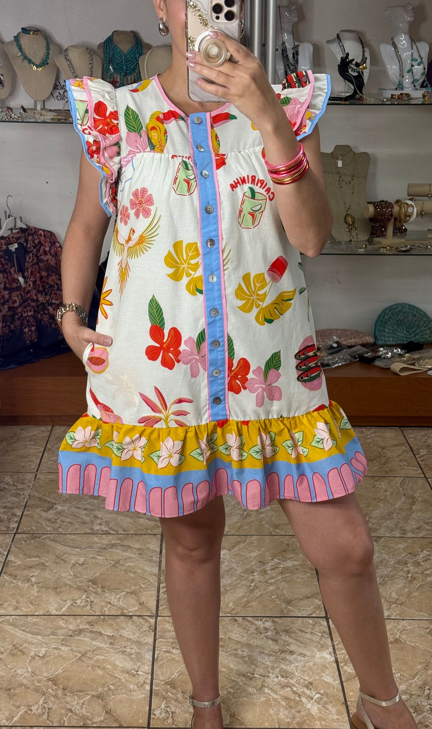 Flutter Sleeves Tropical Mini Dress