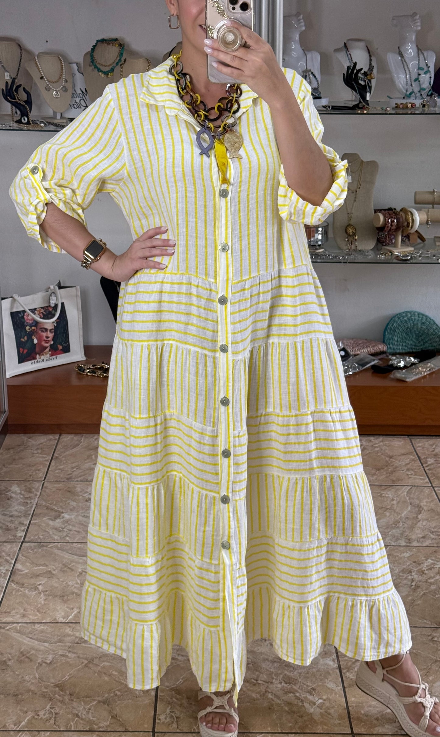 OS Linen Stripes Button Down Maxi Dress (NO RETURNS OR EXCHANGE)