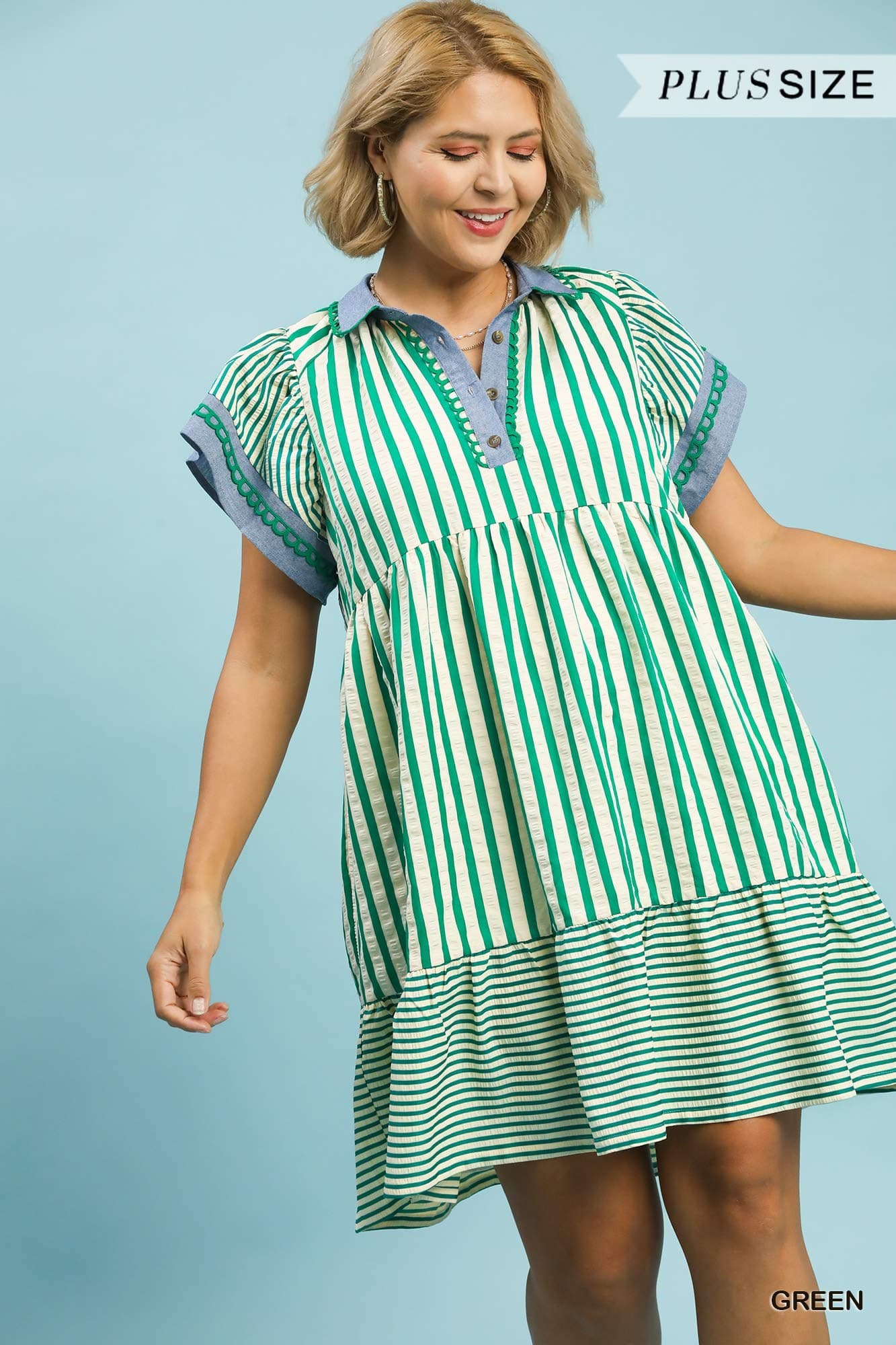 Green Stripes Flutter Sleeve Mini Dress (PLUS)