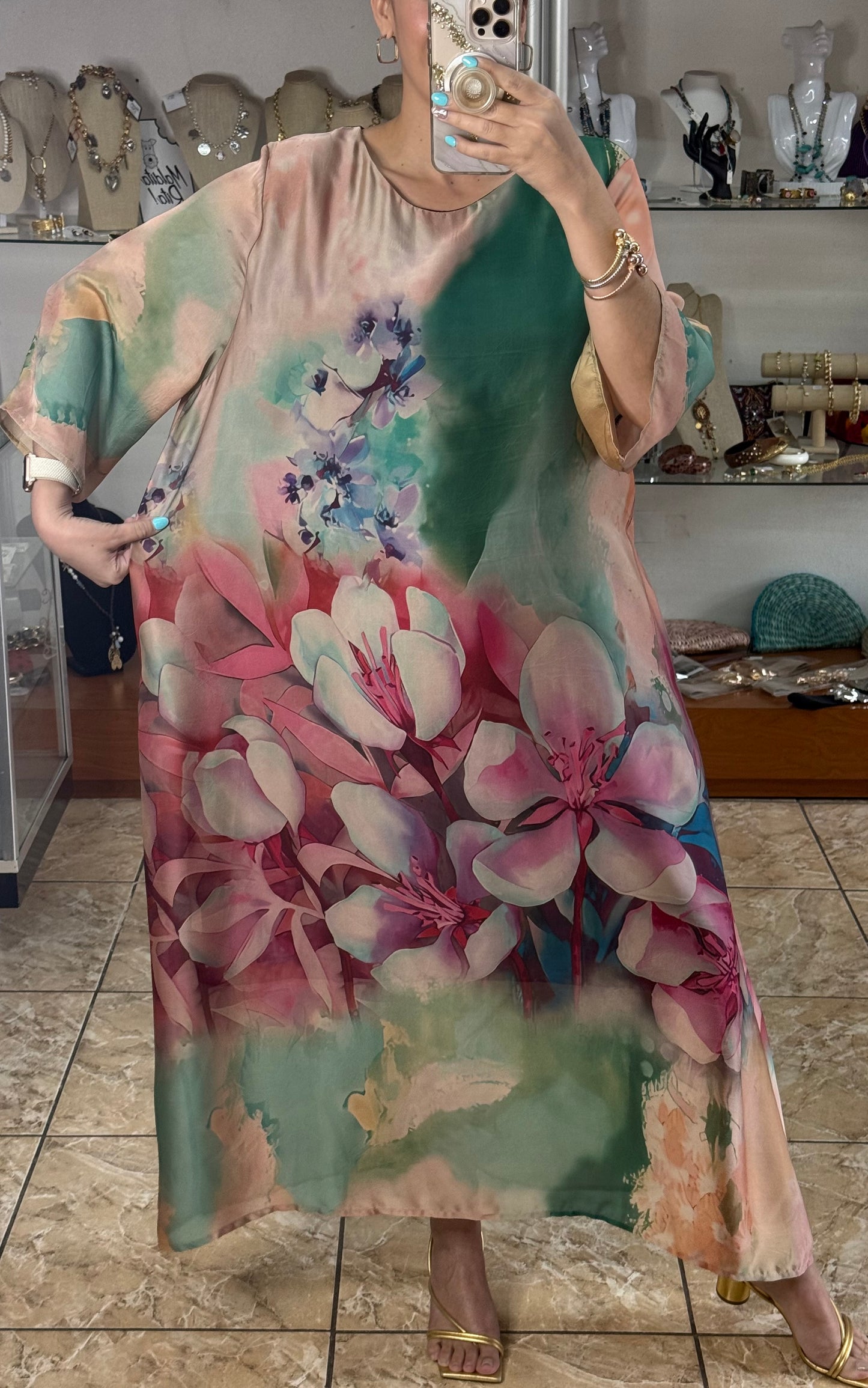 OS Floral Silk Maxi Dress (NO RETURNS OR EXCHANGE)