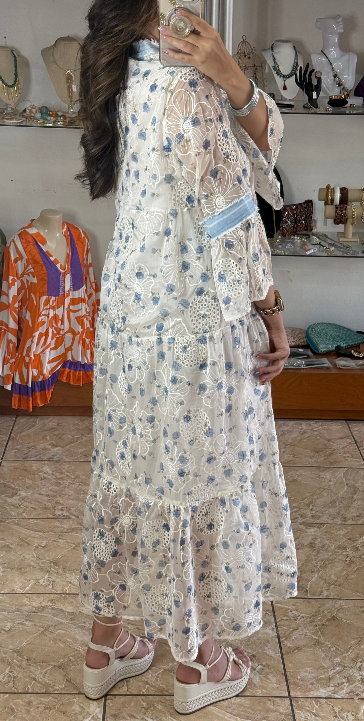 Blue Flowers OS Embroidered Maxi Dress (NO RETURNS OR EXCHANGE)