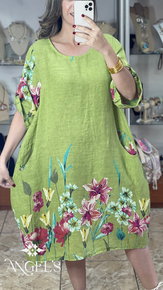 Green Floral OS Linen Midi Dress