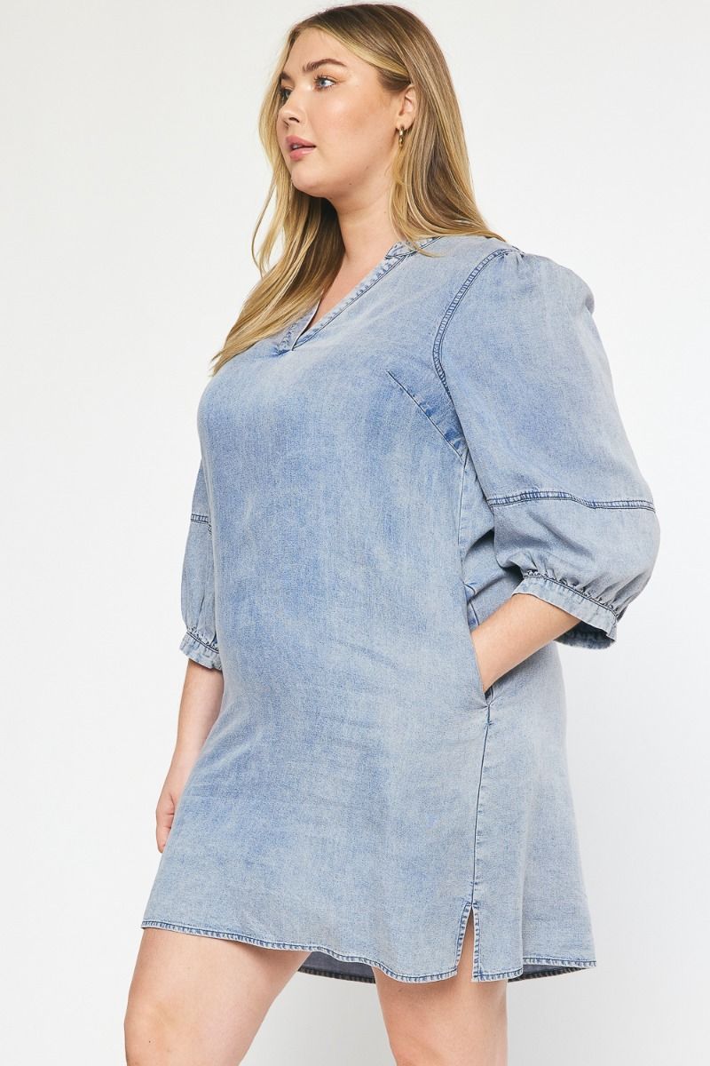 Washed Denim 3/4 Sleeve Dress