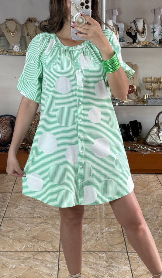 Green Stripes Polka Mini Dress