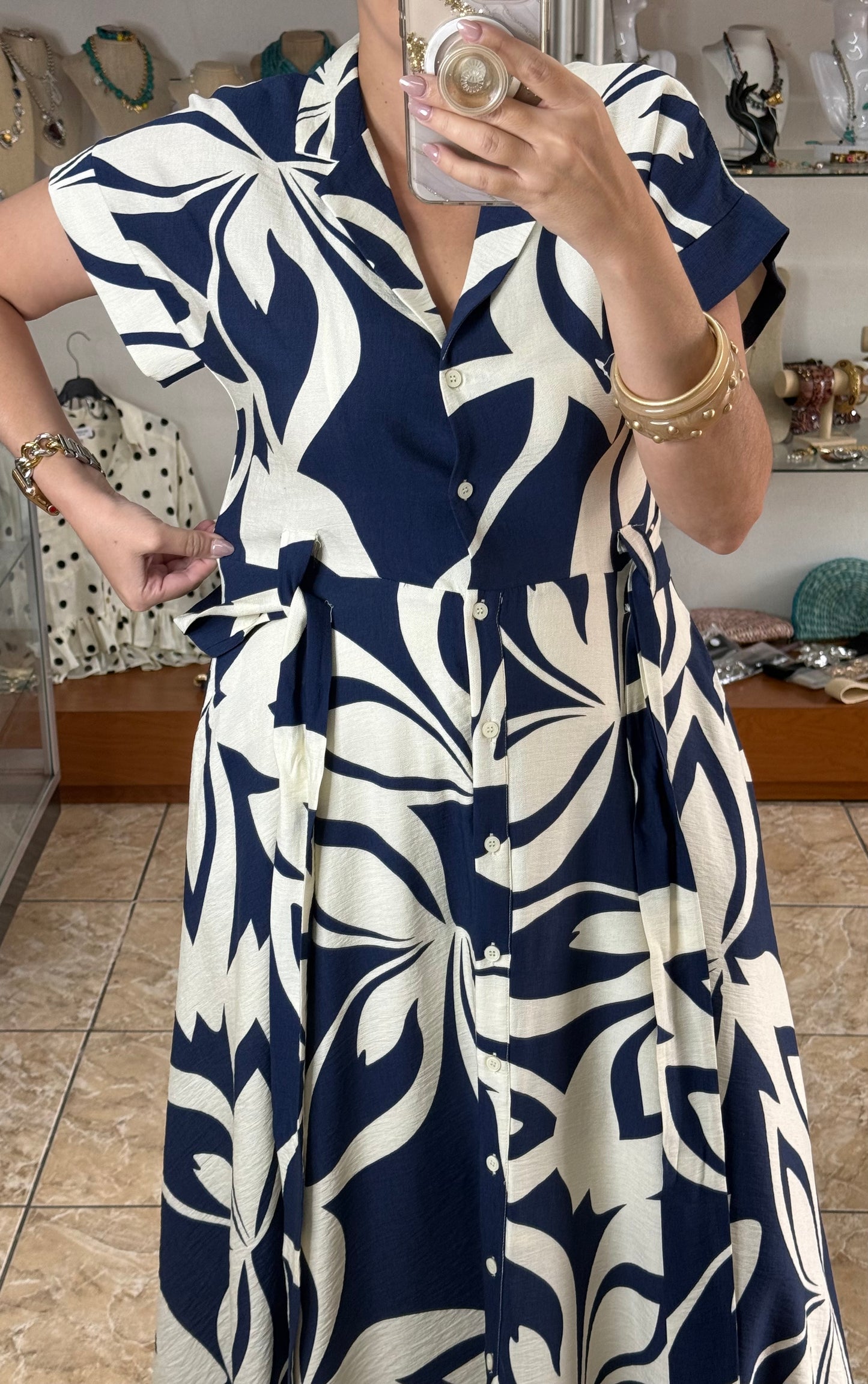 Navy Floral Belted Maxi Dress
